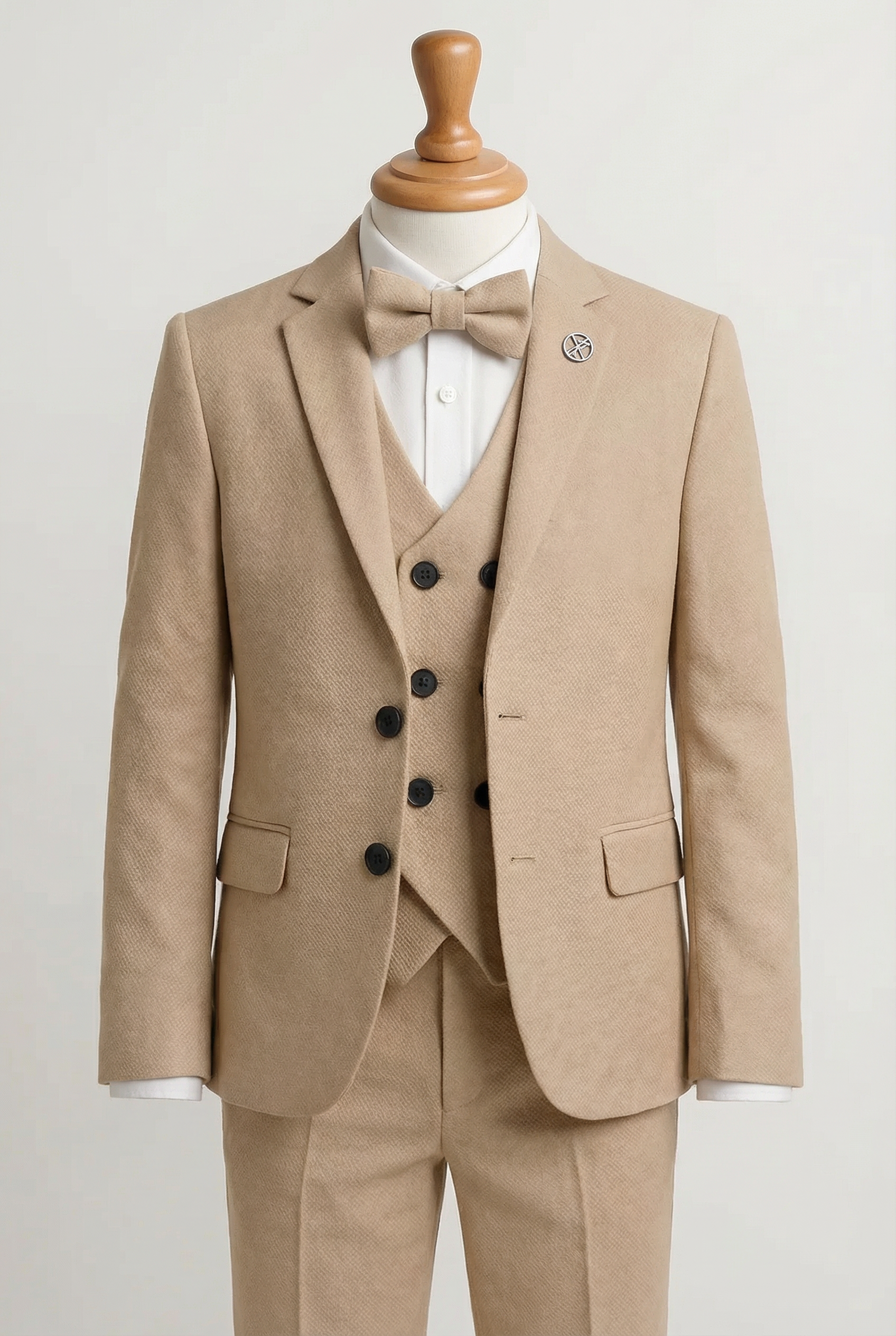 Boys 5-Piece Textured Weave Suit with Double Breasted Waistcoat - Tan Brown