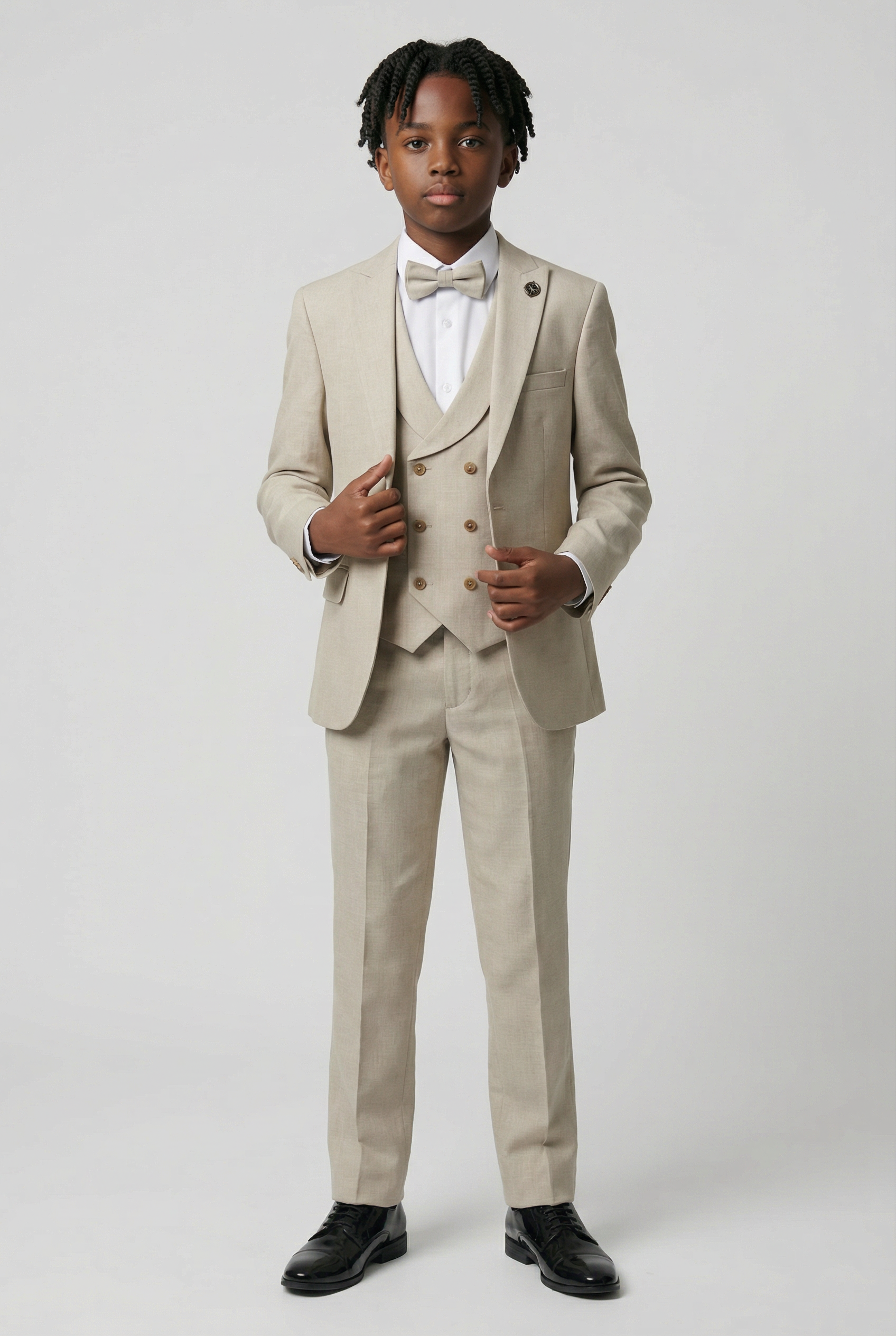 Boys 5-Piece Formal Prom Suit with Double Breasted Waistcoat - Beige