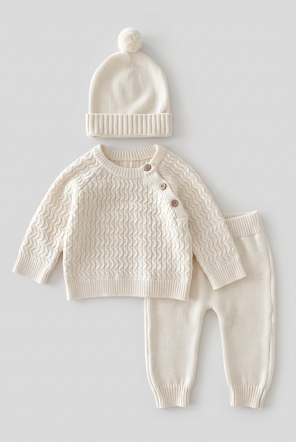 Unisex Babies Cable Knit Jumper Joggers & Pom Pom Hat 3-Piece Set - 26022 Ivory