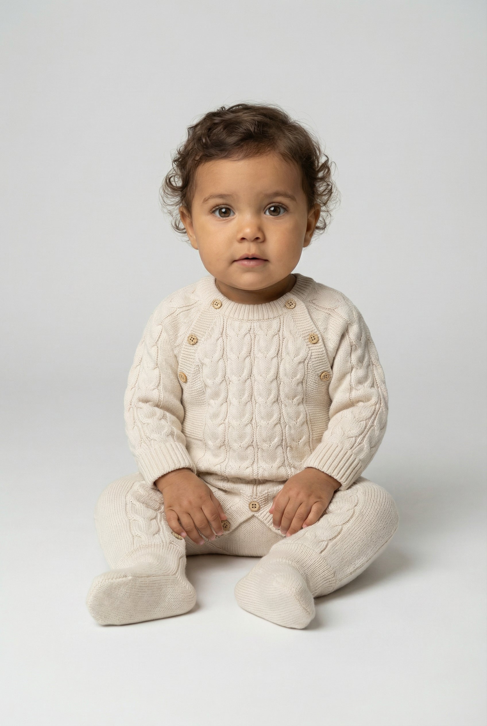 Unisex Babies Long Sleeve Cable Knit Romper Beige
