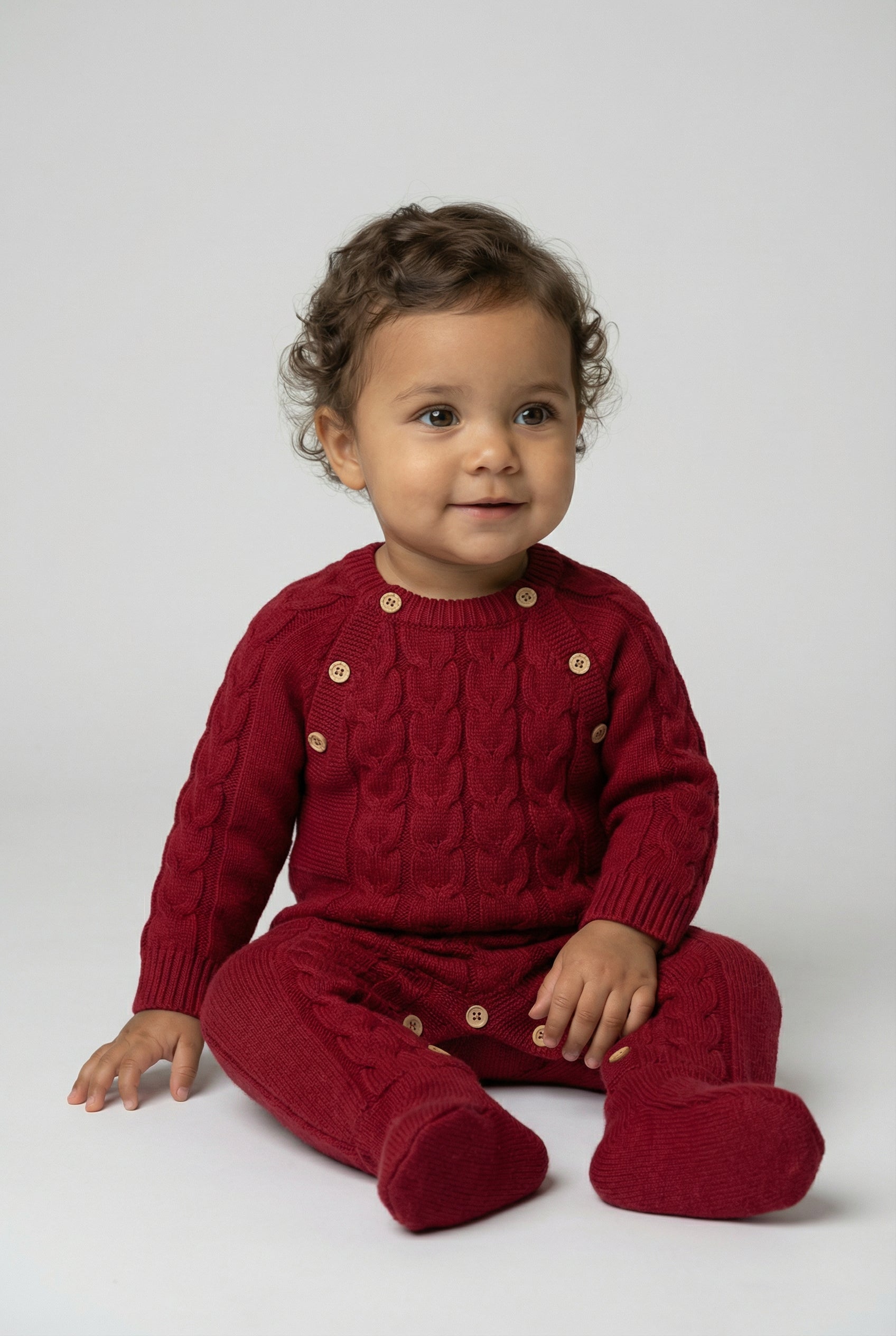 Unisex Babies Long Sleeve Cable Knit Romper - Red