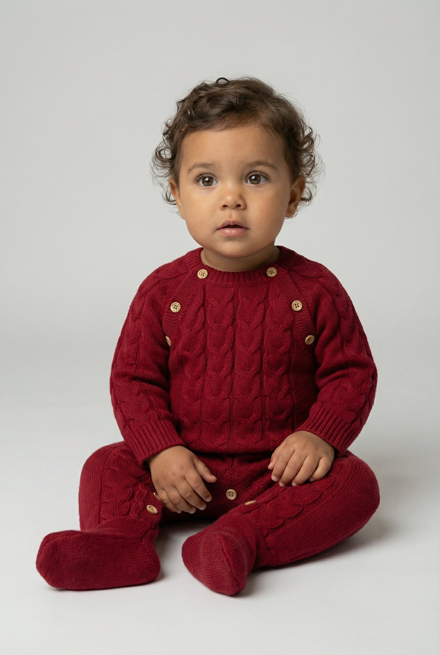 Unisex Babies Long Sleeve Cable Knit Romper - Red Model Picture