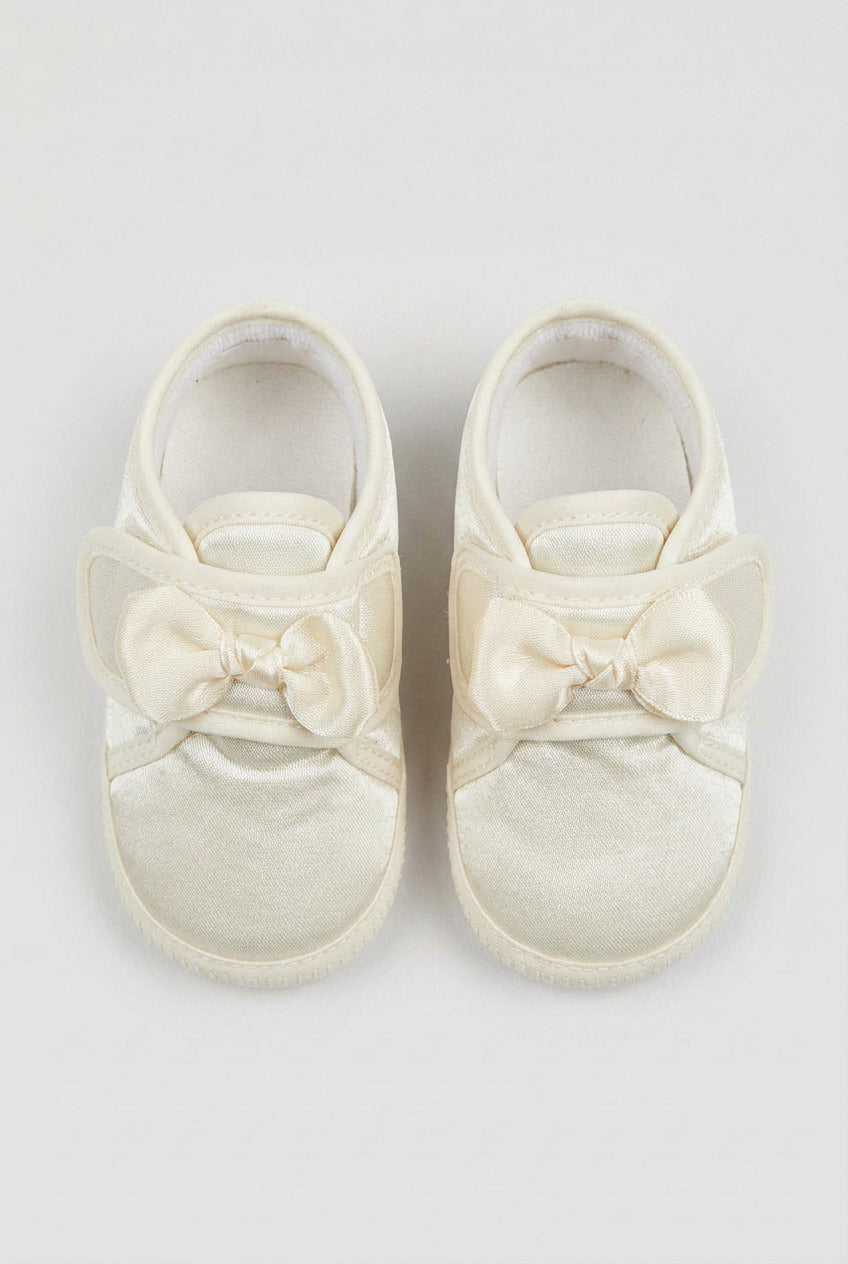 Unisex Babies Satin Bow Pram Shoes - Ivory