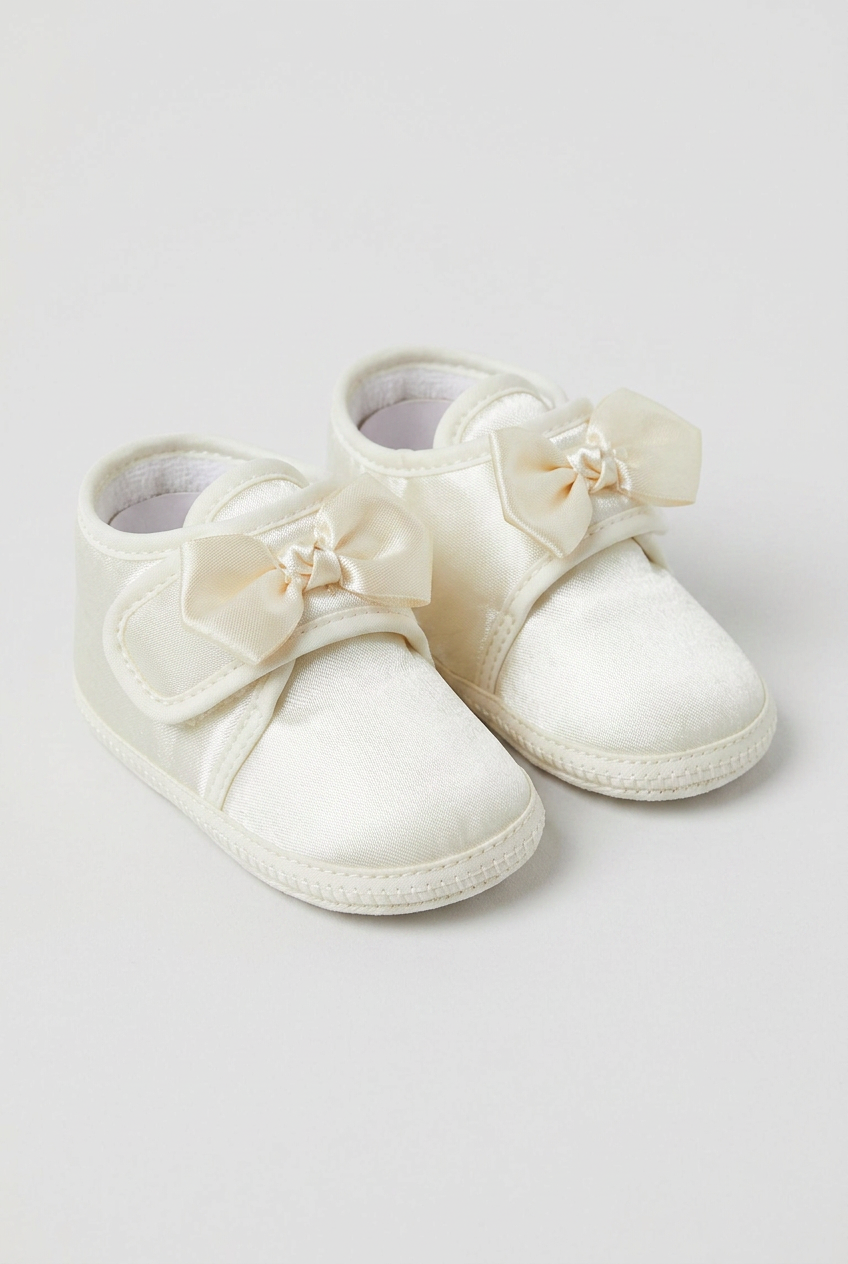 Unisex Babies Satin Bow Pram Shoes - Ivory