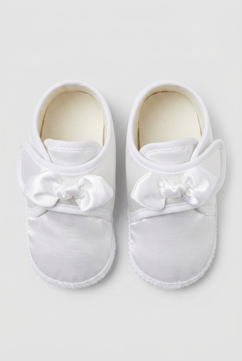 Unisex Babies Satin Bow Pram Shoes - White