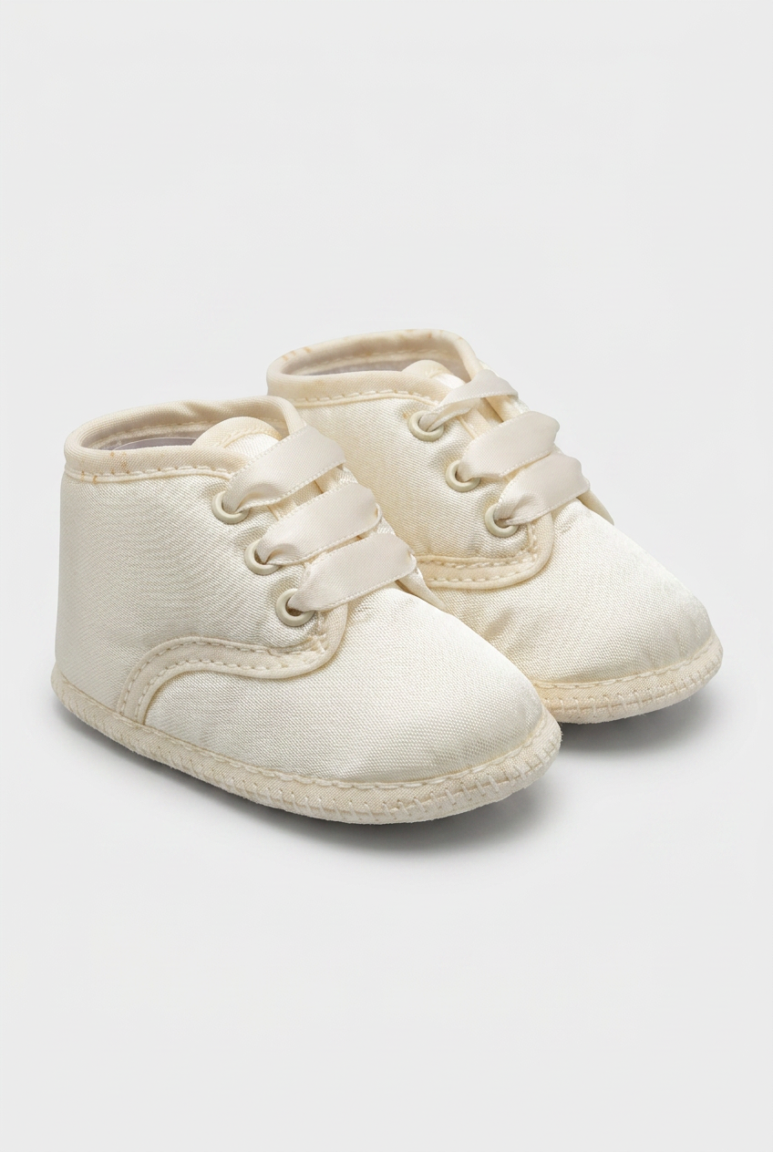 Unisex Babies Satin Ribbon Lace-Up Pram Shoes - Ivory