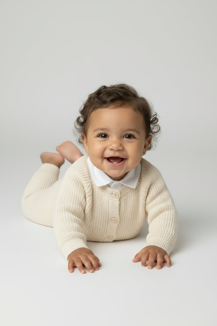 Unisex Baby 2-Piece Ribbed Knit Cardigan & Trousers Lounge Set - Ivory Model Picture