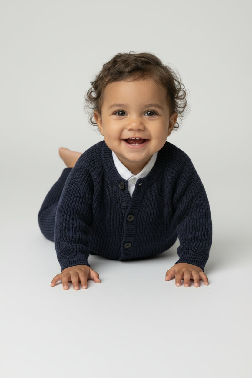 Unisex Baby 2-Piece Ribbed Knit Cardigan & Trousers Lounge Set - Navy