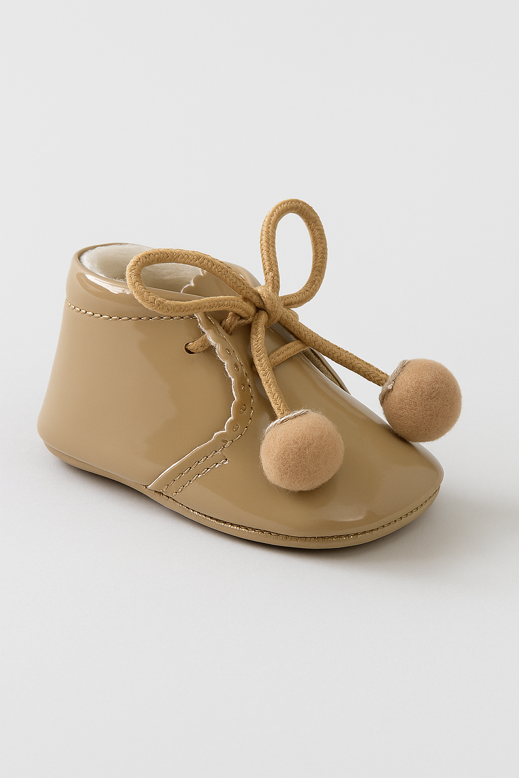 Unisex Baby Patent Pom Pom Booties Pram Shoes - Joe - Camel Side Picture