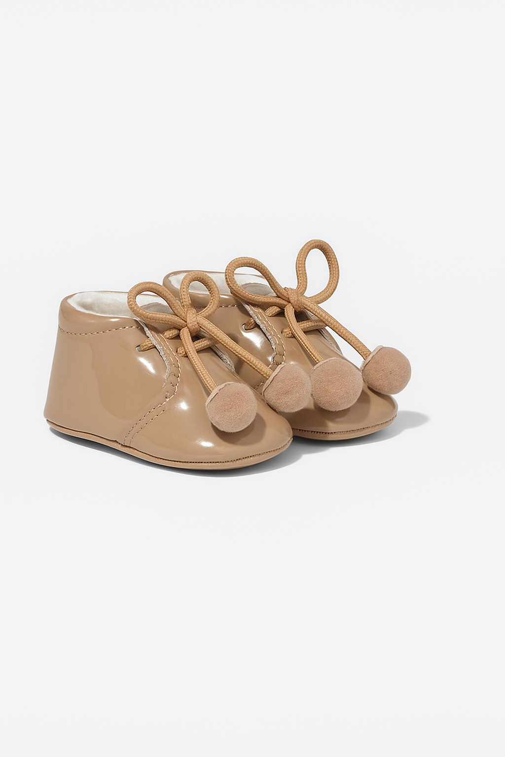 Unisex Baby Patent Pom Pom Booties Pram Shoes - Joe - Camel Pair Side Picture