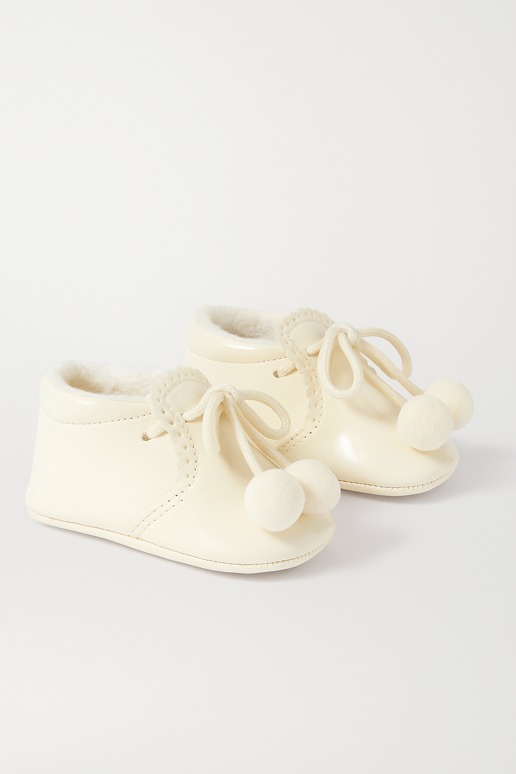 Unisex Baby Patent Pom Pom Booties Pram Shoes - Joe - Ivory Pair Side Picture