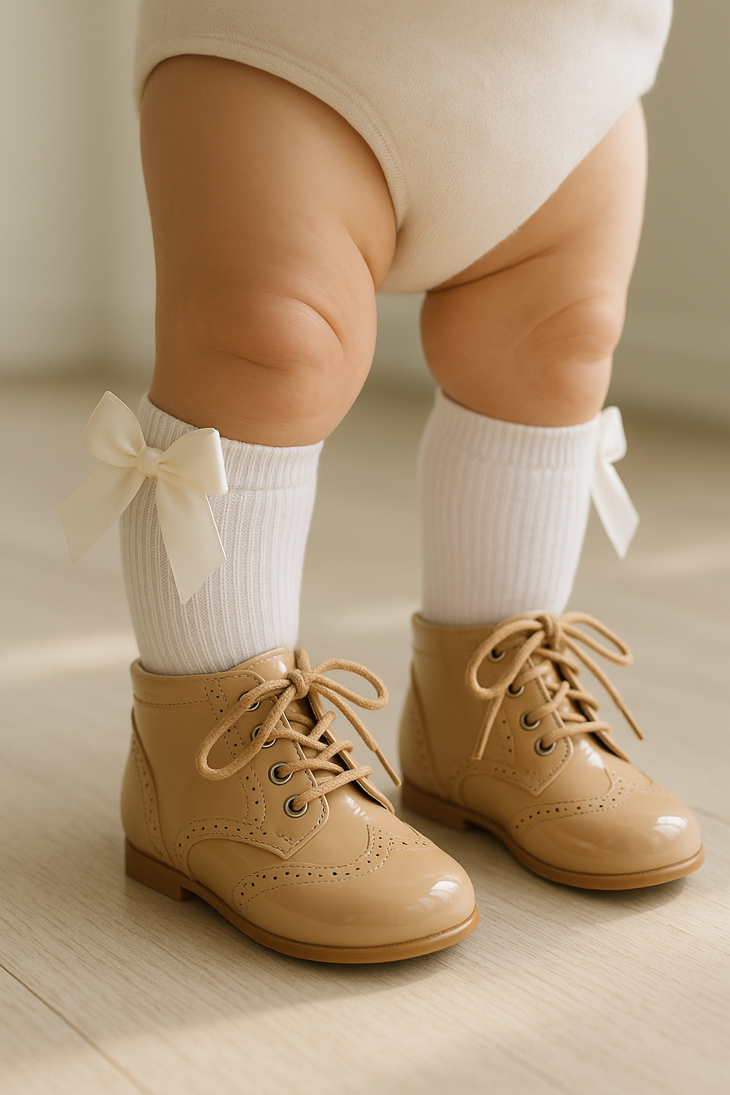 Unisex Kids Patent Leather Brogue Ankle Boots - QUINN - Camel Model Picture