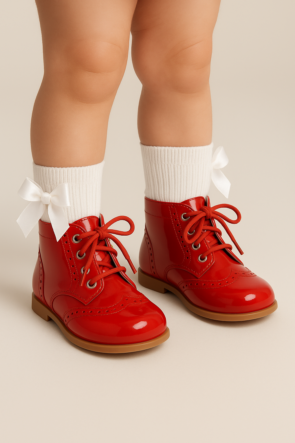Unisex Kids Patent Leather Brogue Ankle Boots - QUINN - Red Baby Model Picture