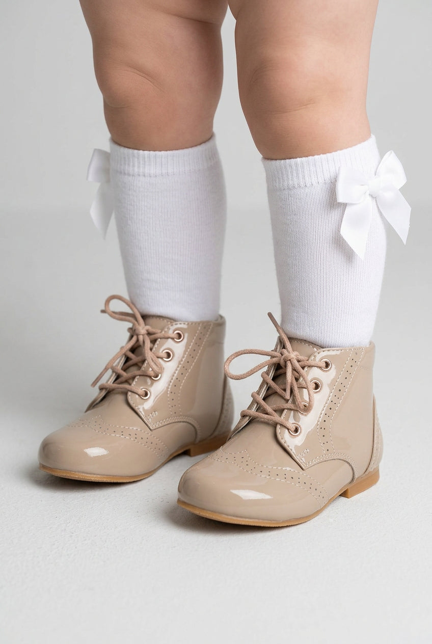 Unisex Kids Patent Leather Brogue Ankle Boots - QUINN - Camel