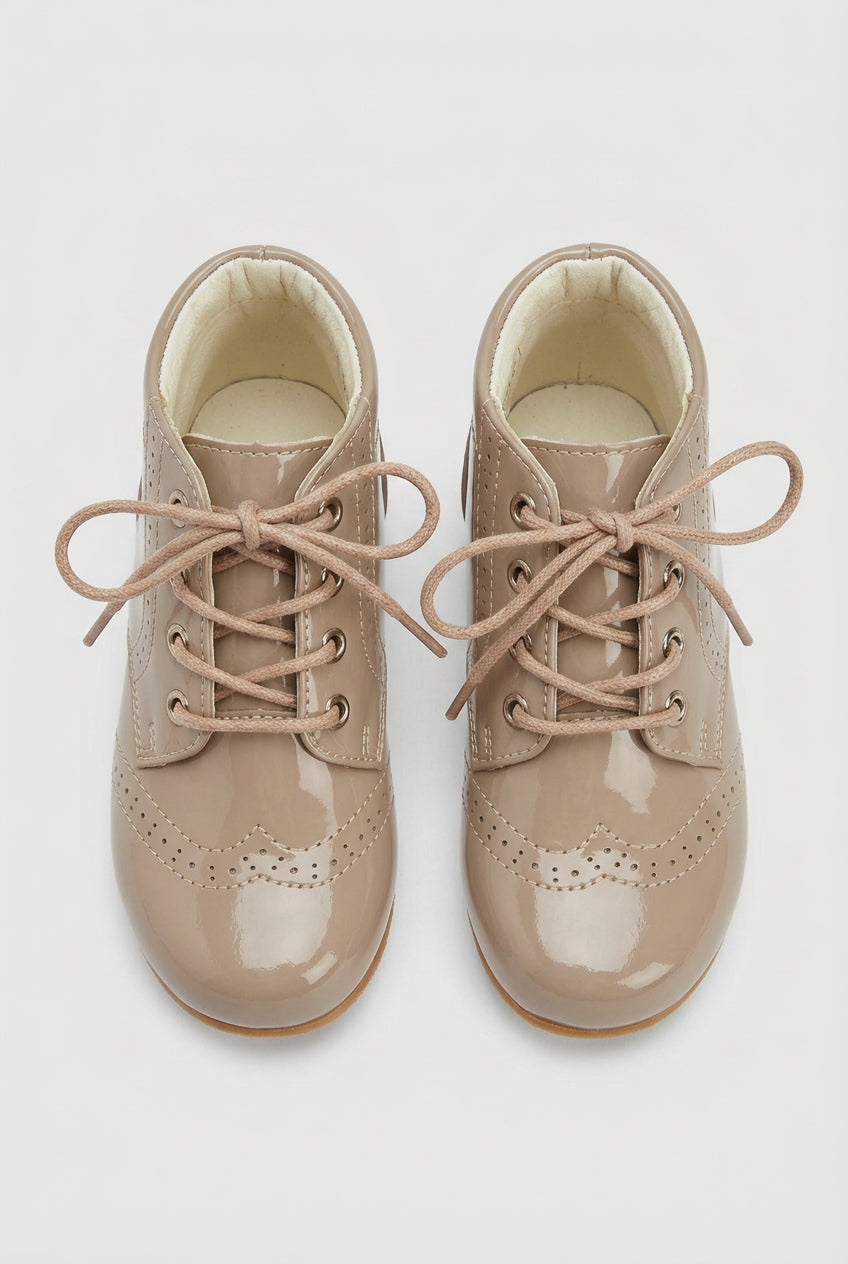 Unisex Kids Patent Leather Brogue Ankle Boots - QUINN - Camel
