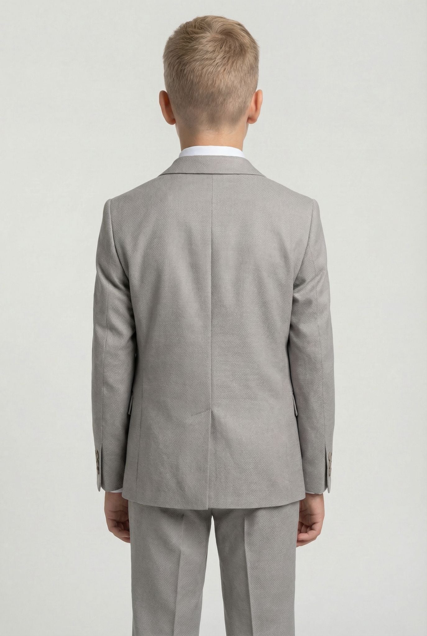Boys 5-Piece Textured Weave Suit with Double Breasted Waistcoat - Light Grey