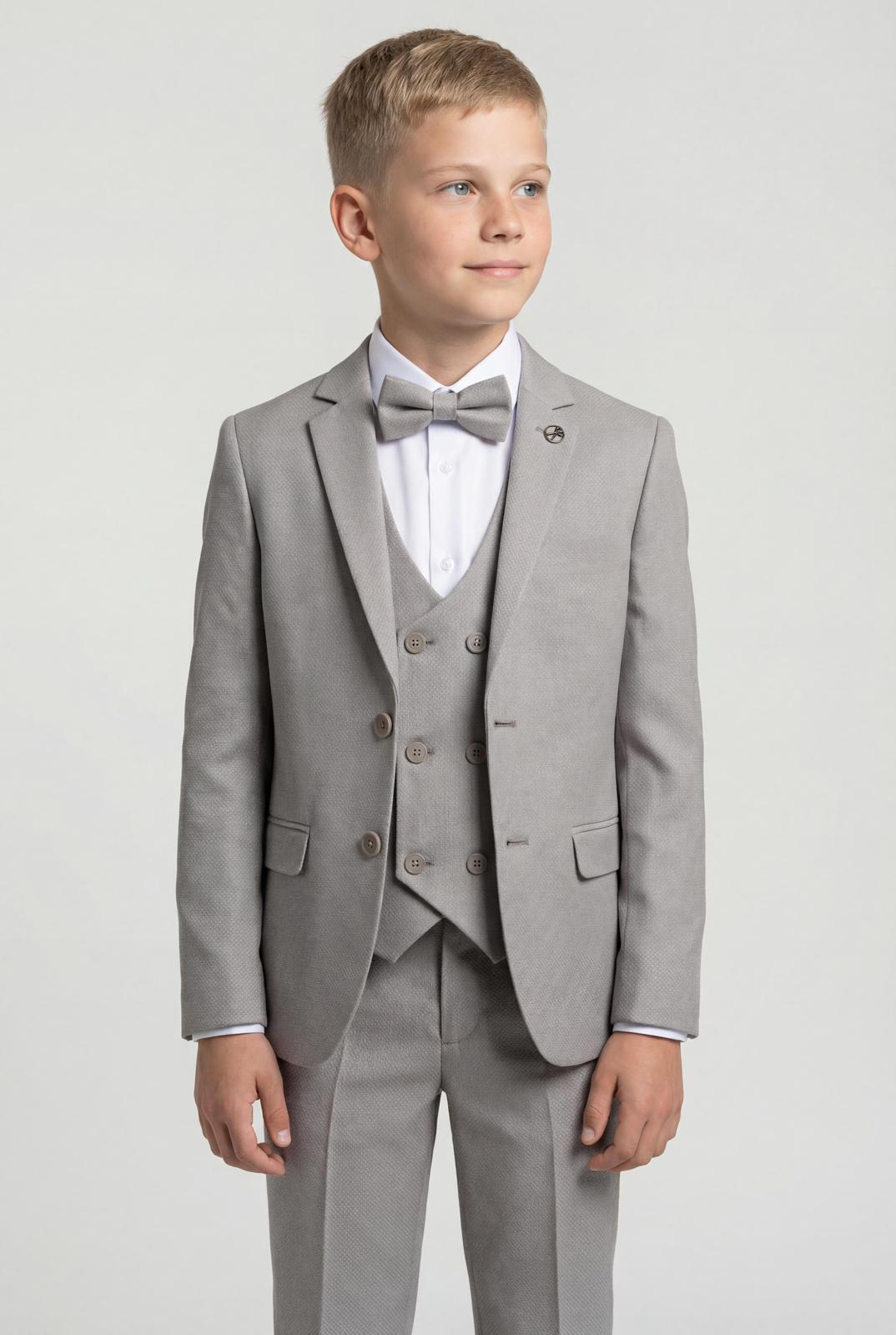 Boys 5-Piece Textured Weave Suit with Double Breasted Waistcoat - Light Grey