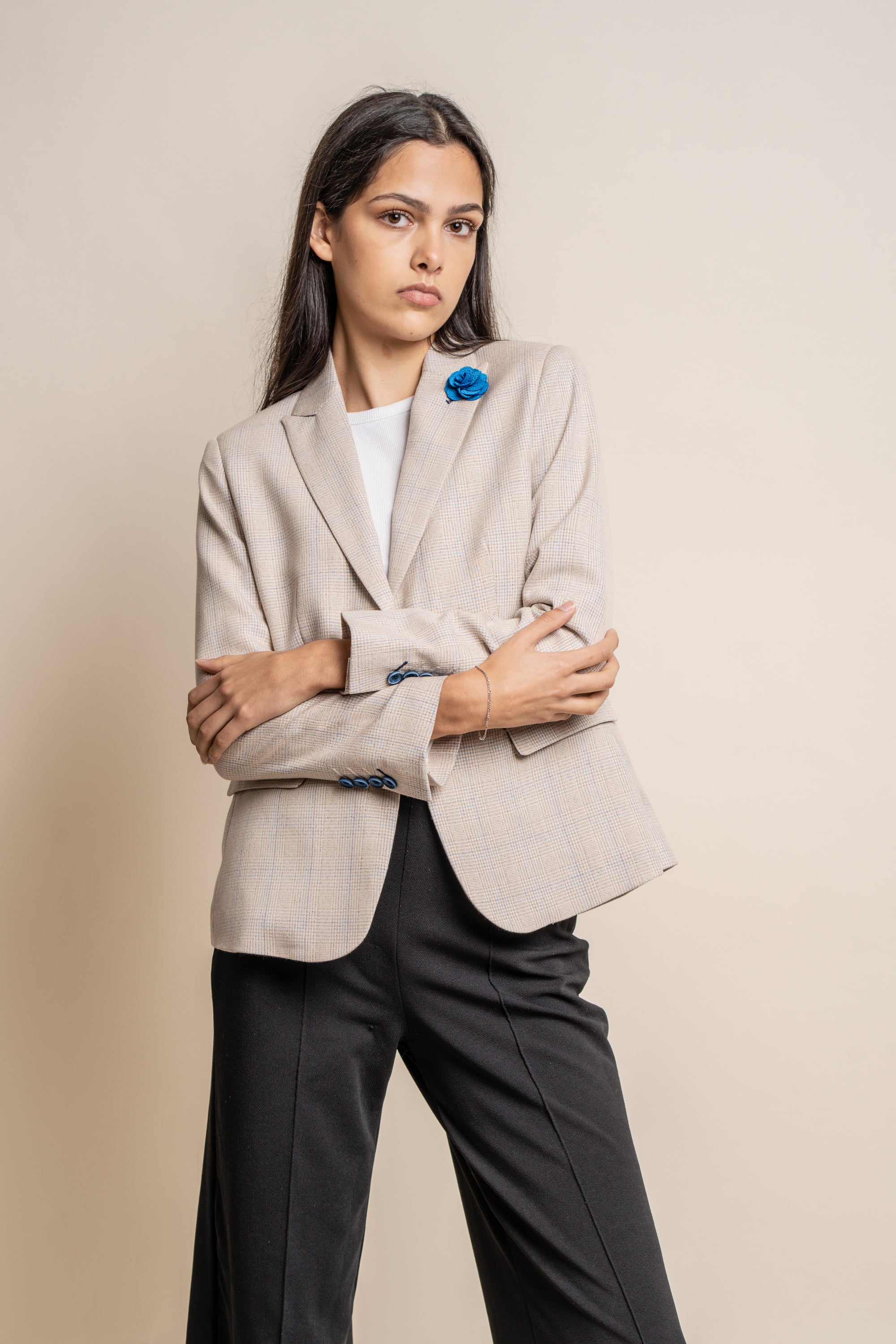 Women's Slim Fit Glen Check Blazer - CARIDI - Beige