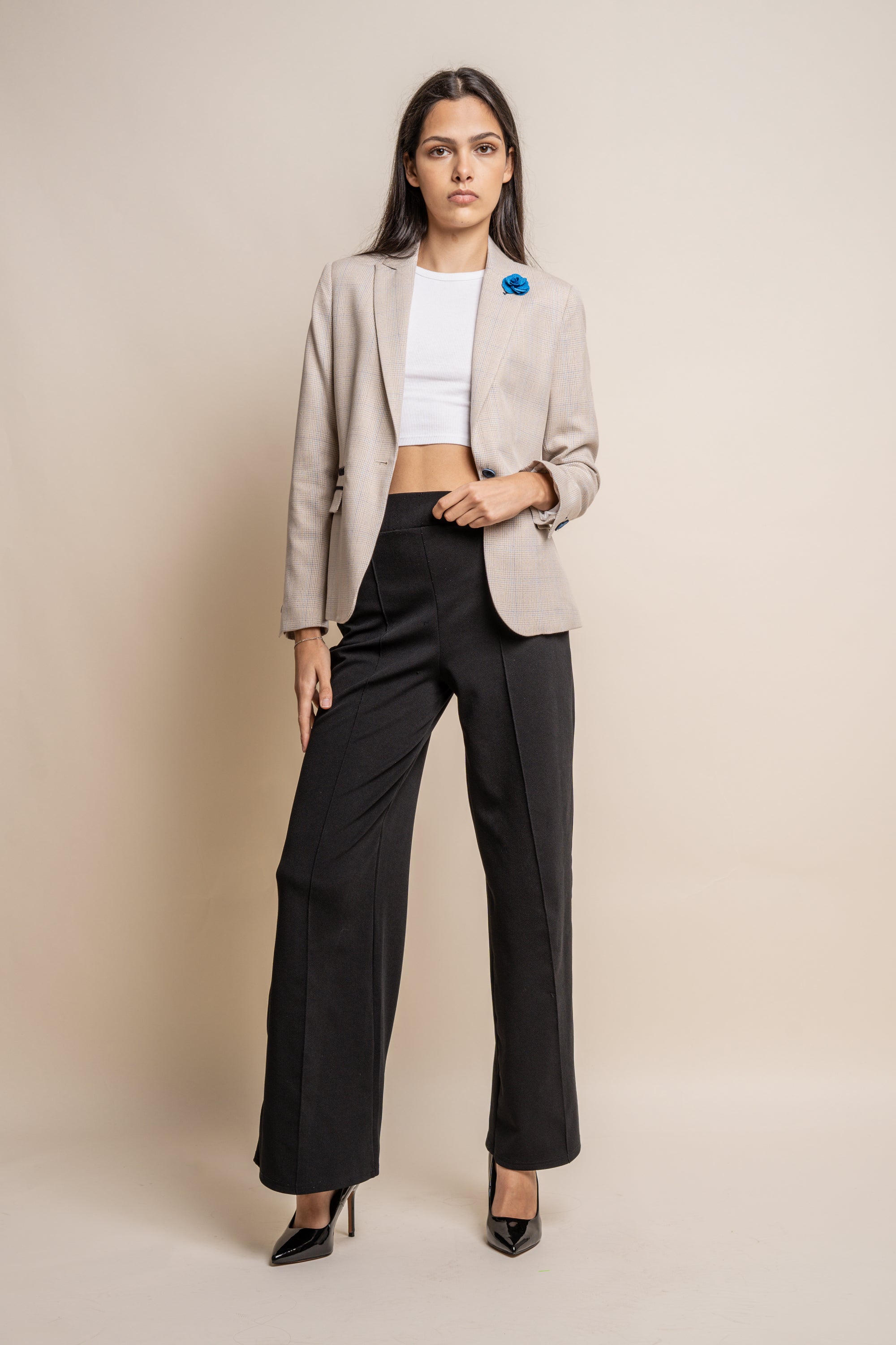 Women's Slim Fit Glen Check Blazer - CARIDI - Beige