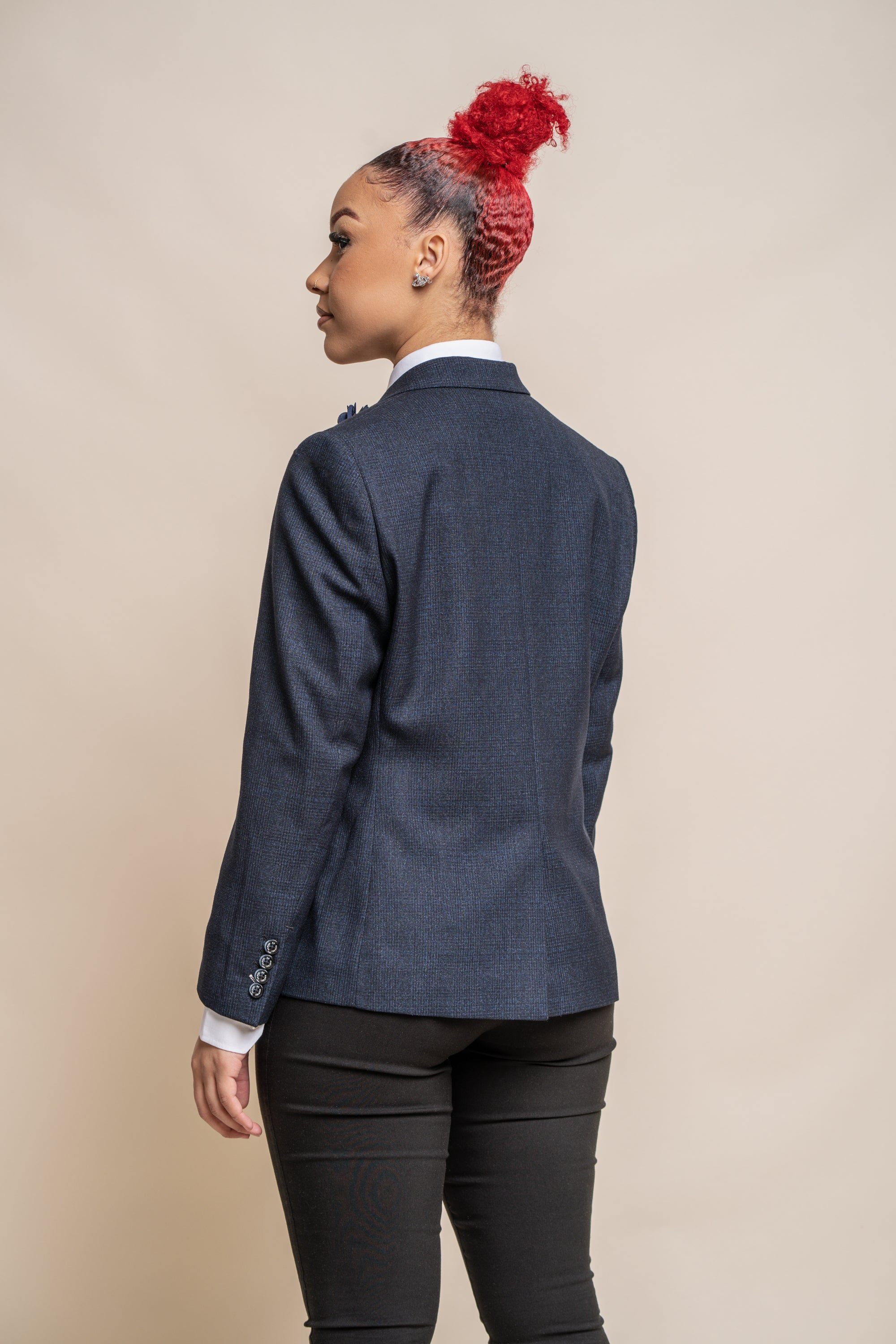 Women's Slim Fit Glen Check Blazer - CARIDI - Navy Blue