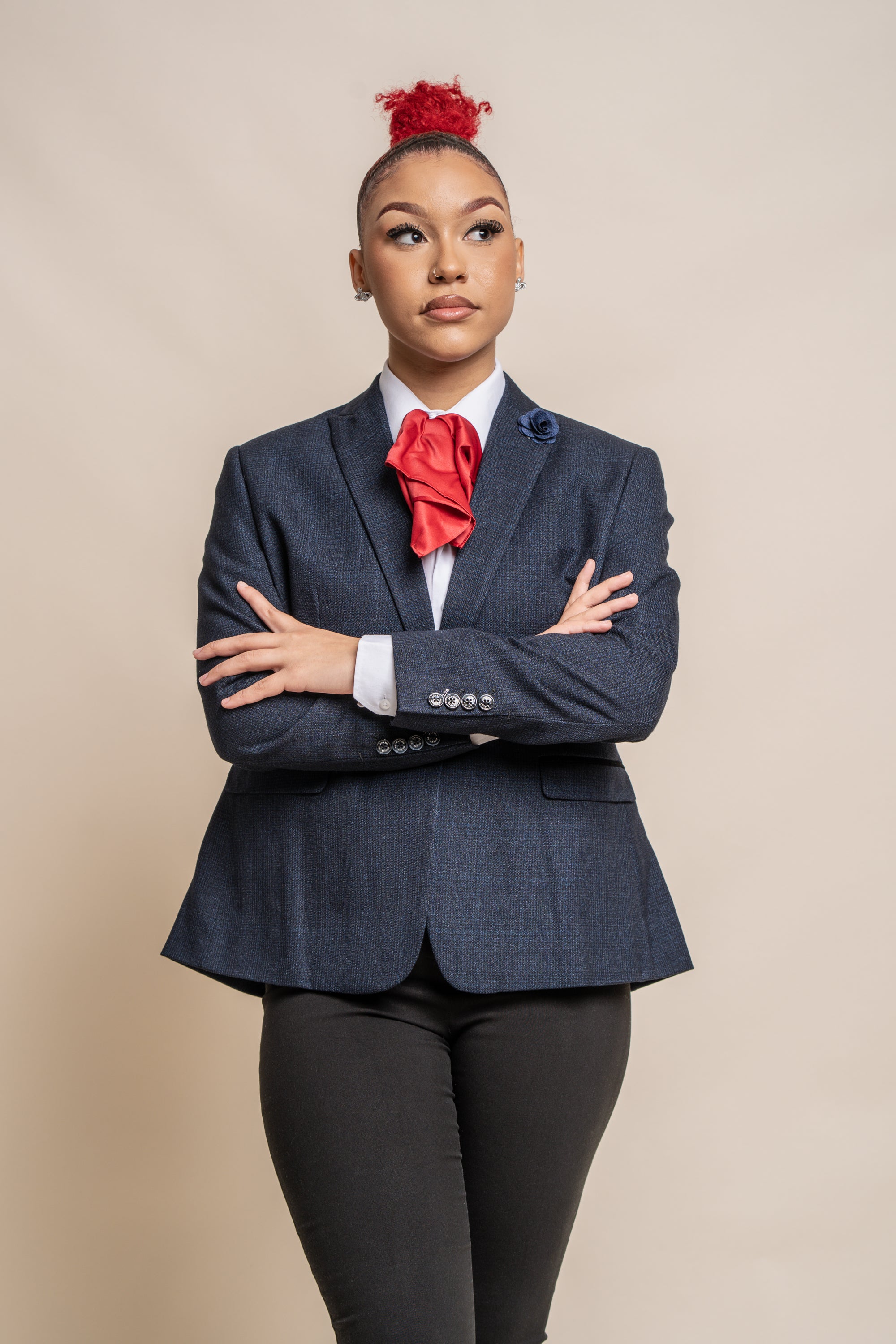 Women's Slim Fit Glen Check Blazer - CARIDI - Navy Blue