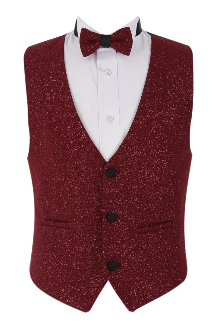 Boys Shimmer Tuxedo Dinner 6 Piece Suit Set - Burgundy