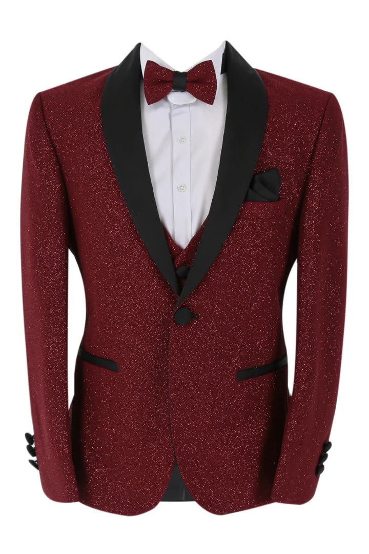 Boys Shimmer Tuxedo Dinner 6 Piece Suit Set - Burgundy