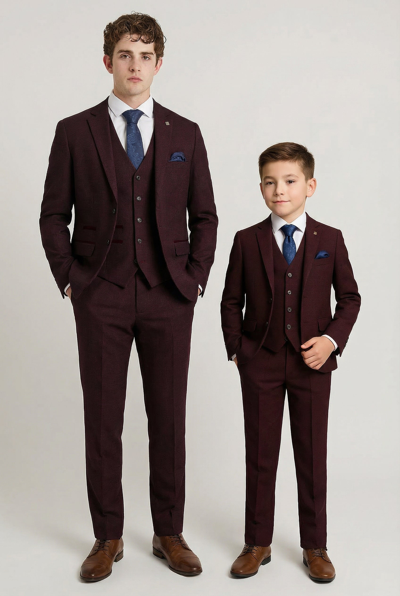 Father & Son Matching Glen Check Tweed 3-Piece Suit Set - Regent - Wine Red
