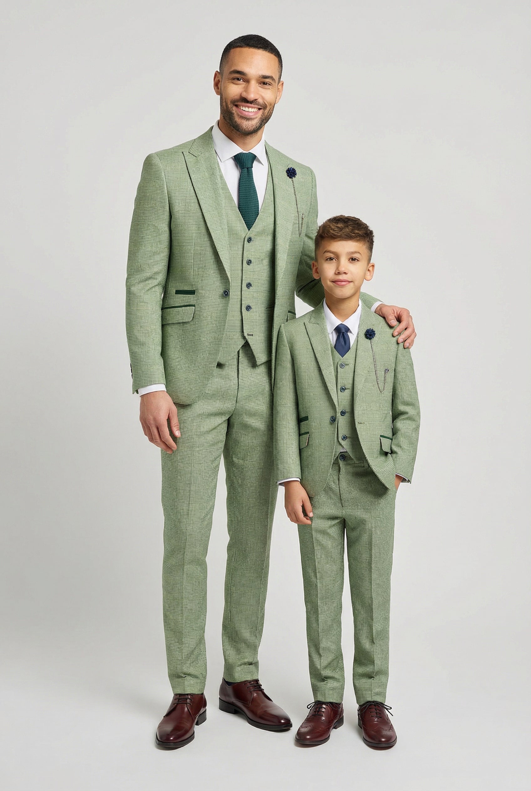 Father & Son Matching Glen Check Wool Tweed 3-Piece Suit Set - Caridi Sage