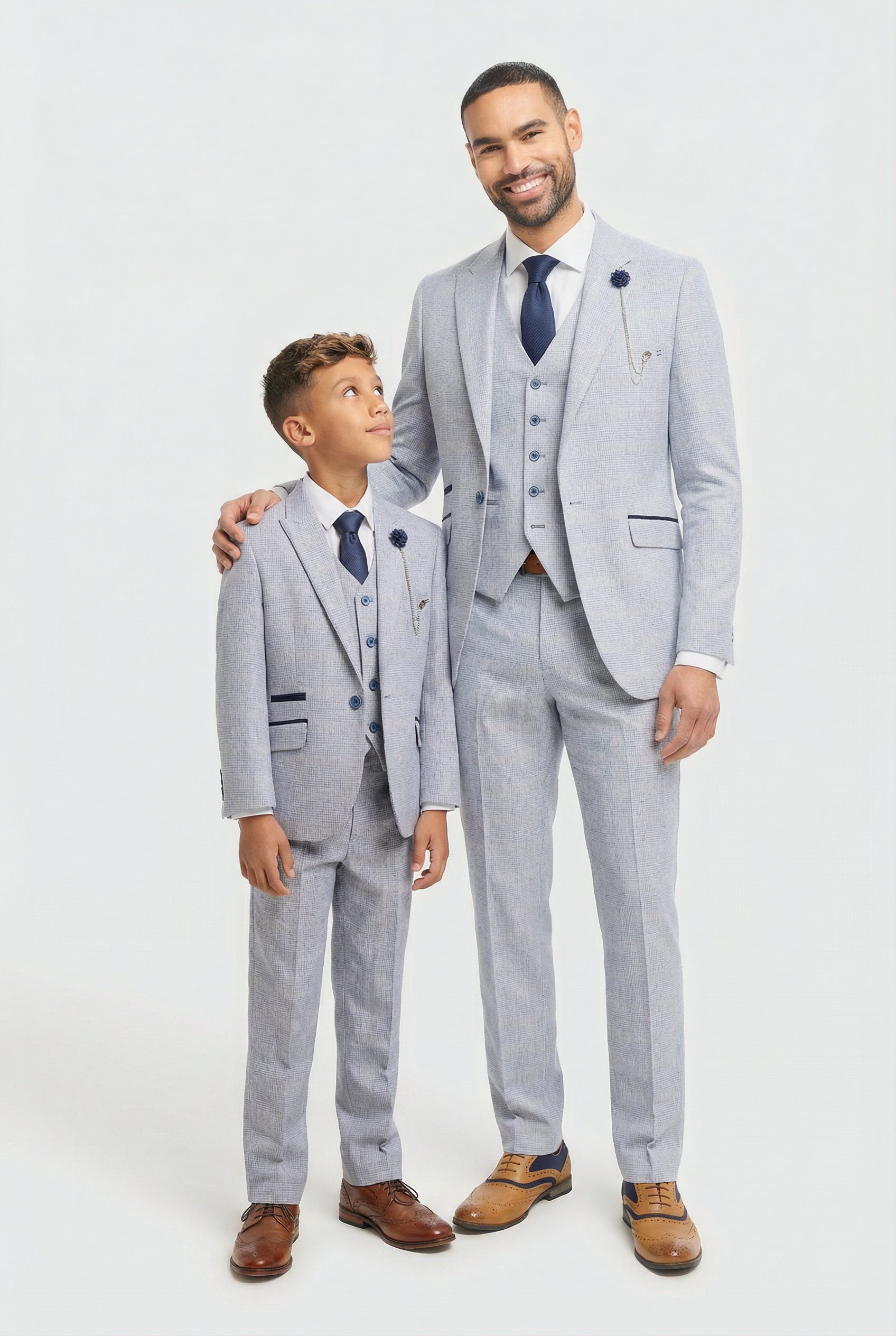 Father & Son Matching Glen Check Wool Tweed 3-Piece Suit Set - Caridi - Sky Blue