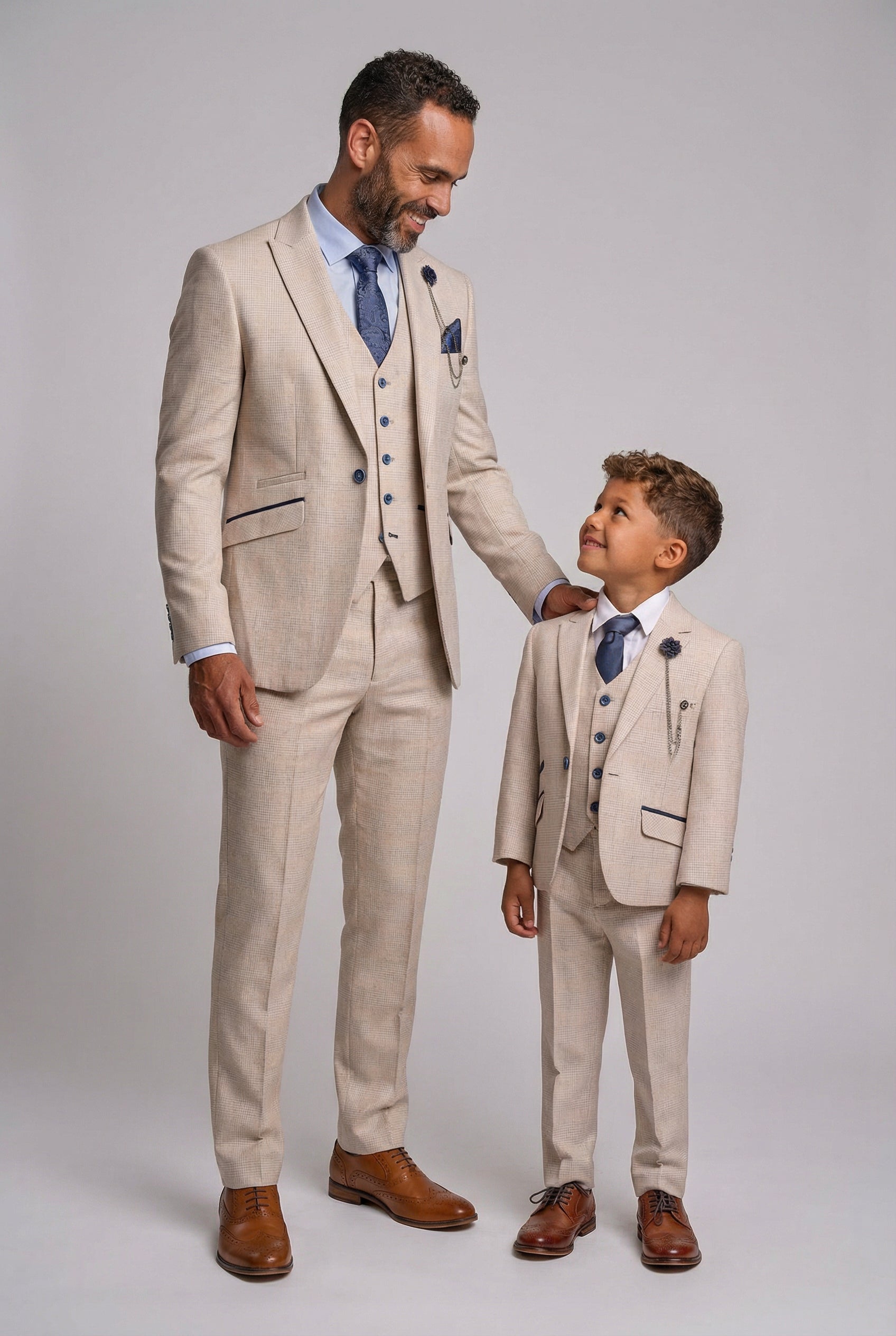 Father & Son Matching Glen Check Wool Tweed 3-Piece Suit Set - Caridi Beige
