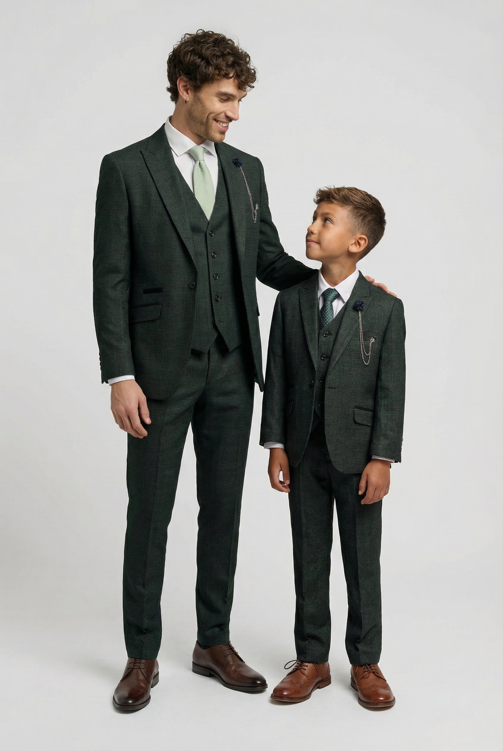 Father & Son Matching Glen Check Wool Tweed 3-Piece Suit Set - Caridi Olive Green