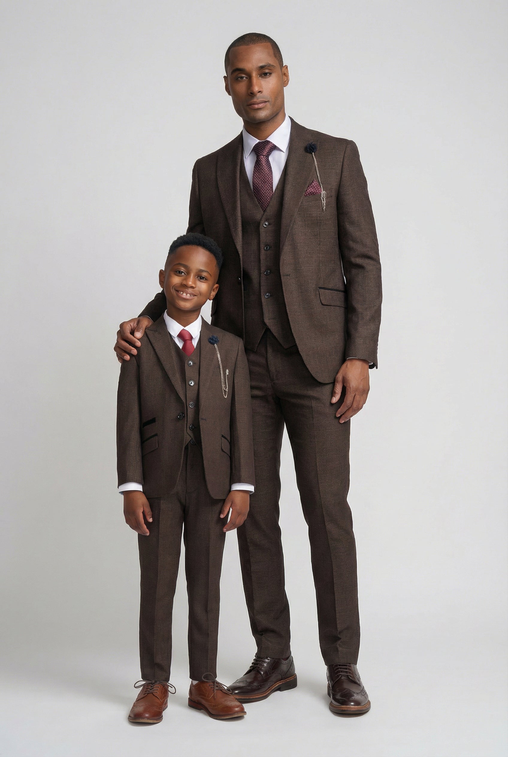 Father & Son Matching Glen Check Wool Tweed 3-Piece Suit Set - Caridi Brown
