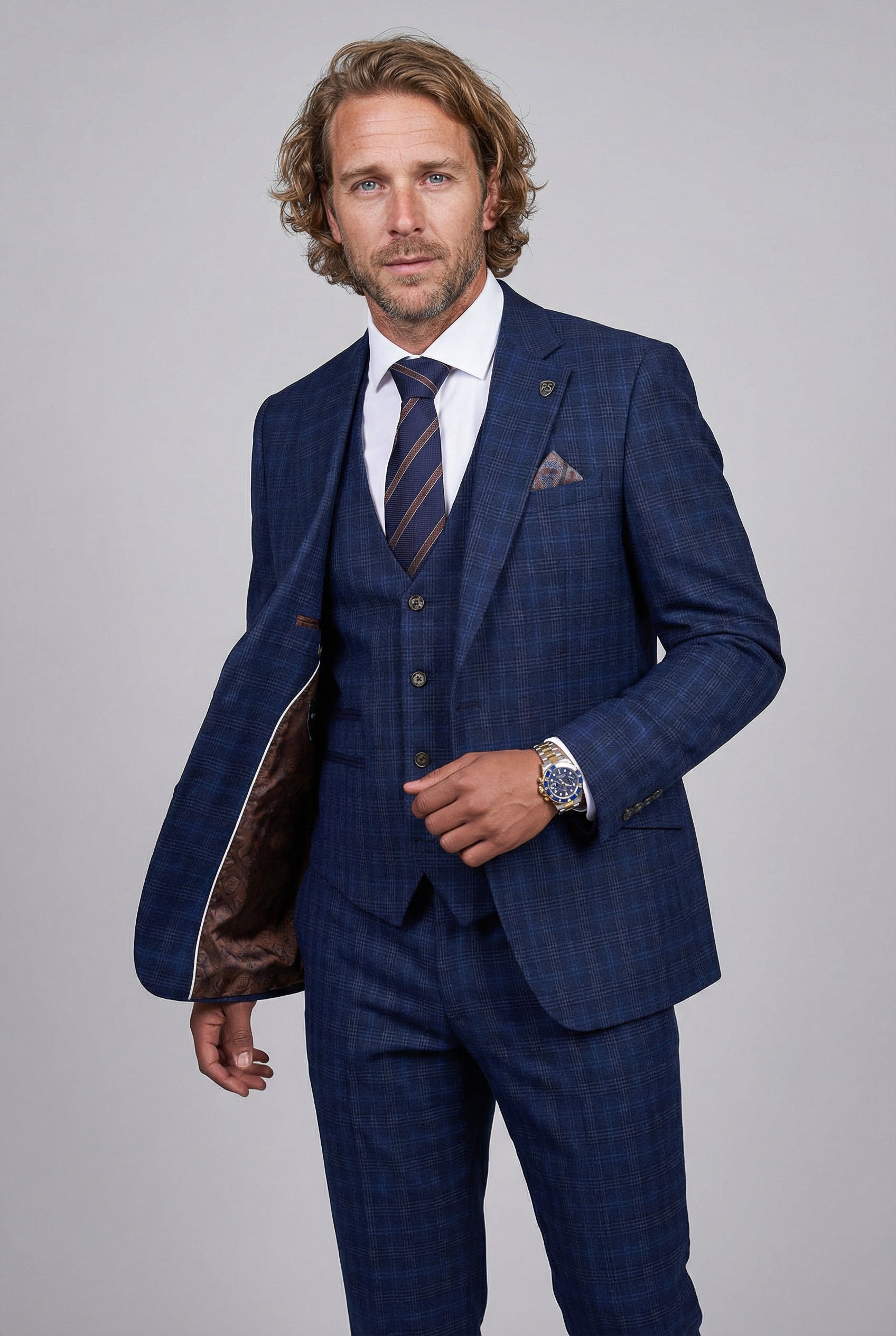 Men’s 3-Piece Windowpane Check Suit - Marcos - Navy Main Picture