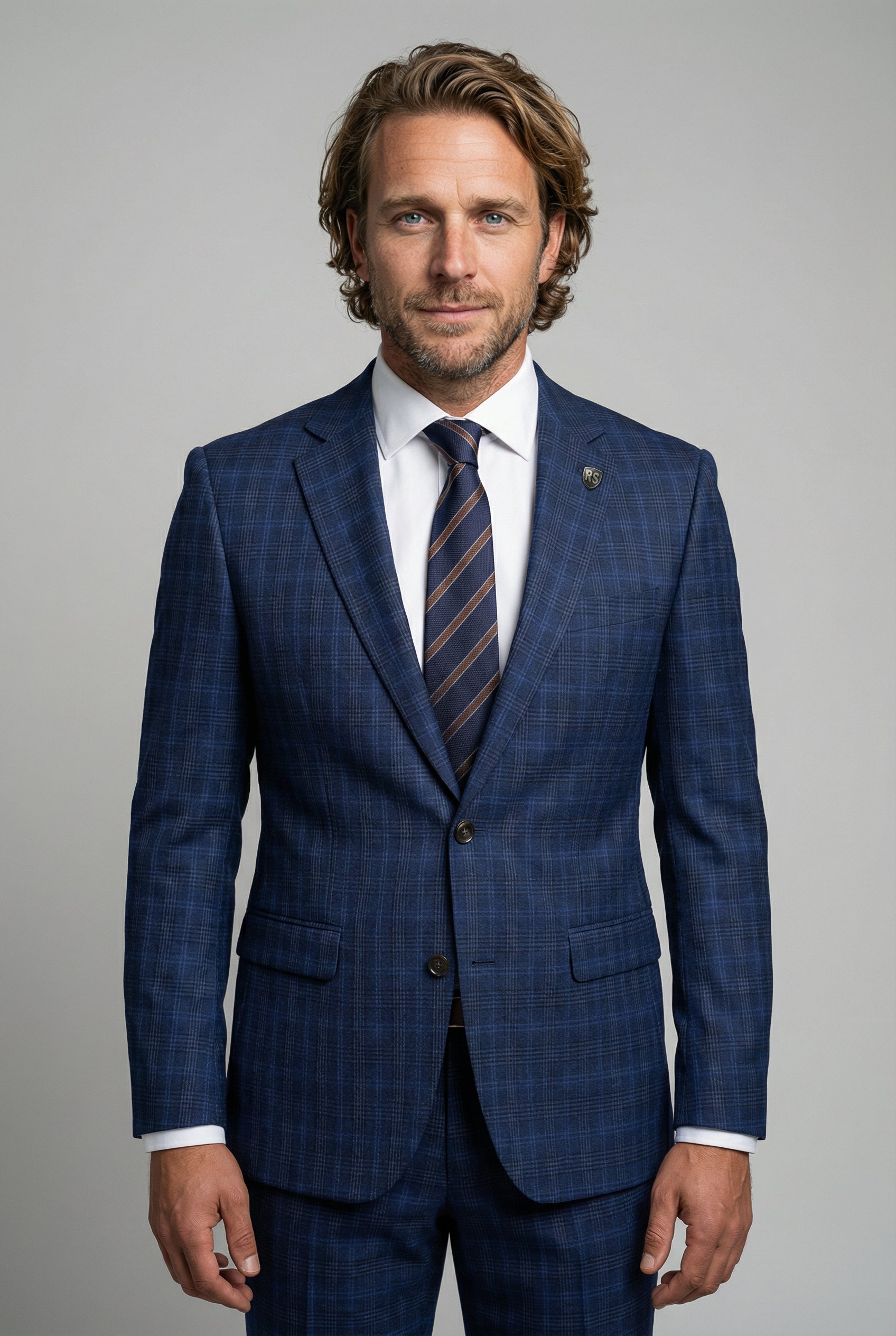 Men’s 3-Piece Windowpane Check Suit - Marcos - Navy Front Picture 2 PC