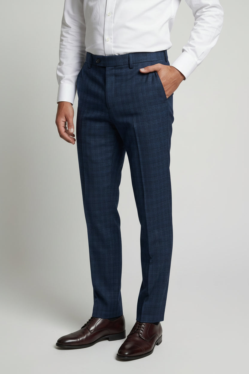 Men’s 3-Piece Windowpane Check Suit - Marcos - Navy Trousers Picture