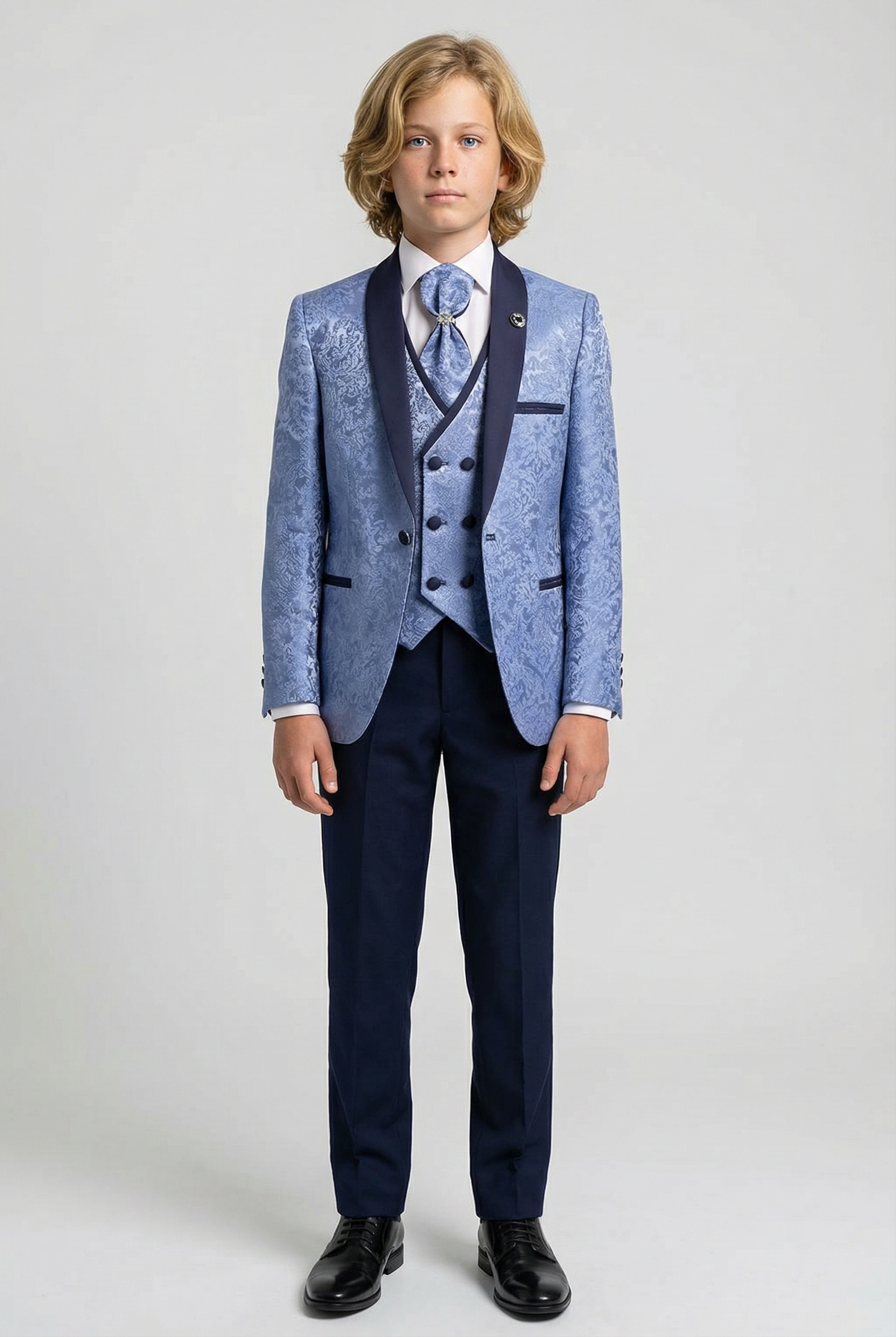 Boys Satin Lapel Paisley Floral Tuxedo Suit Set - Blue
