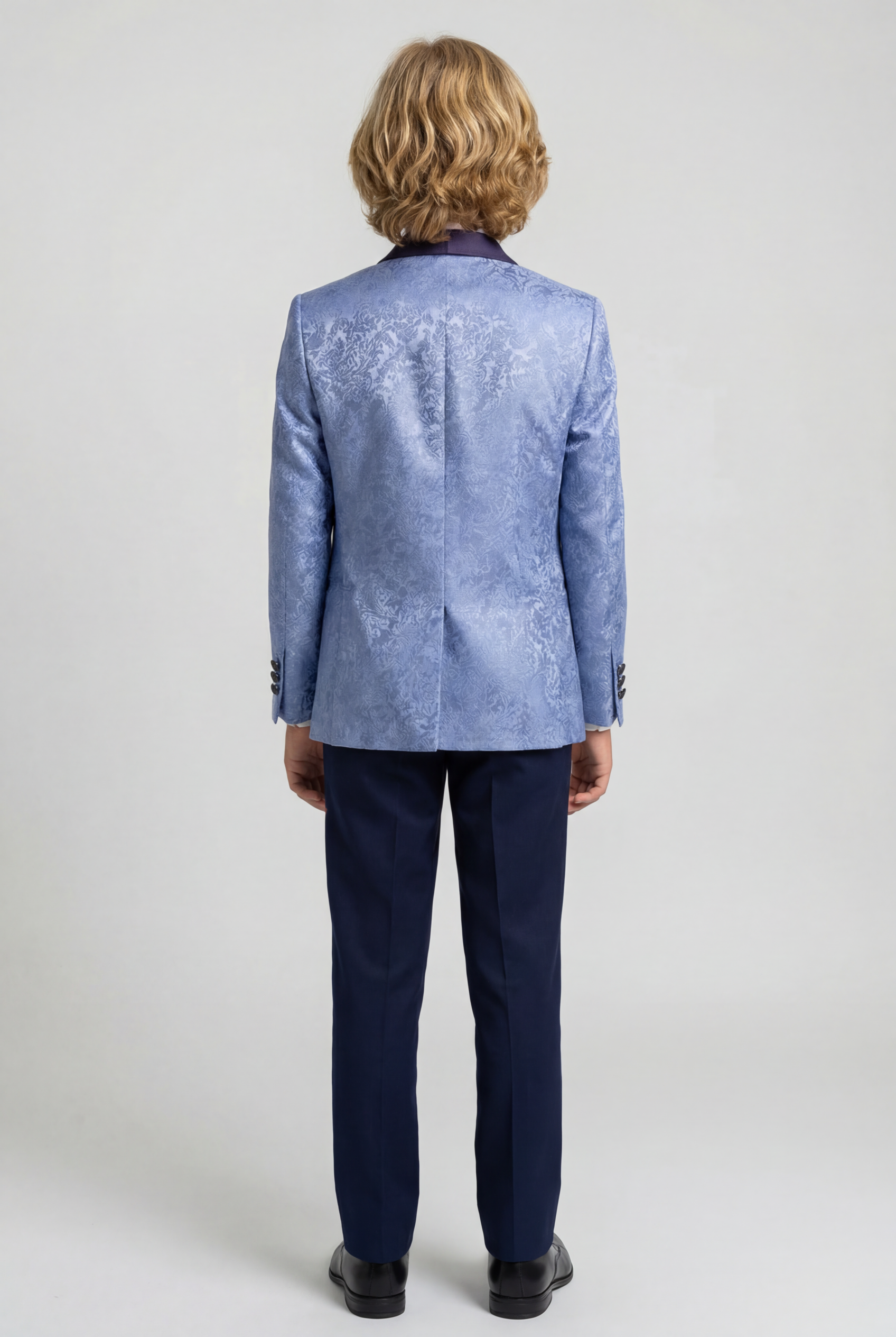 Boys Satin Lapel Paisley Floral Tuxedo Suit Set - Blue