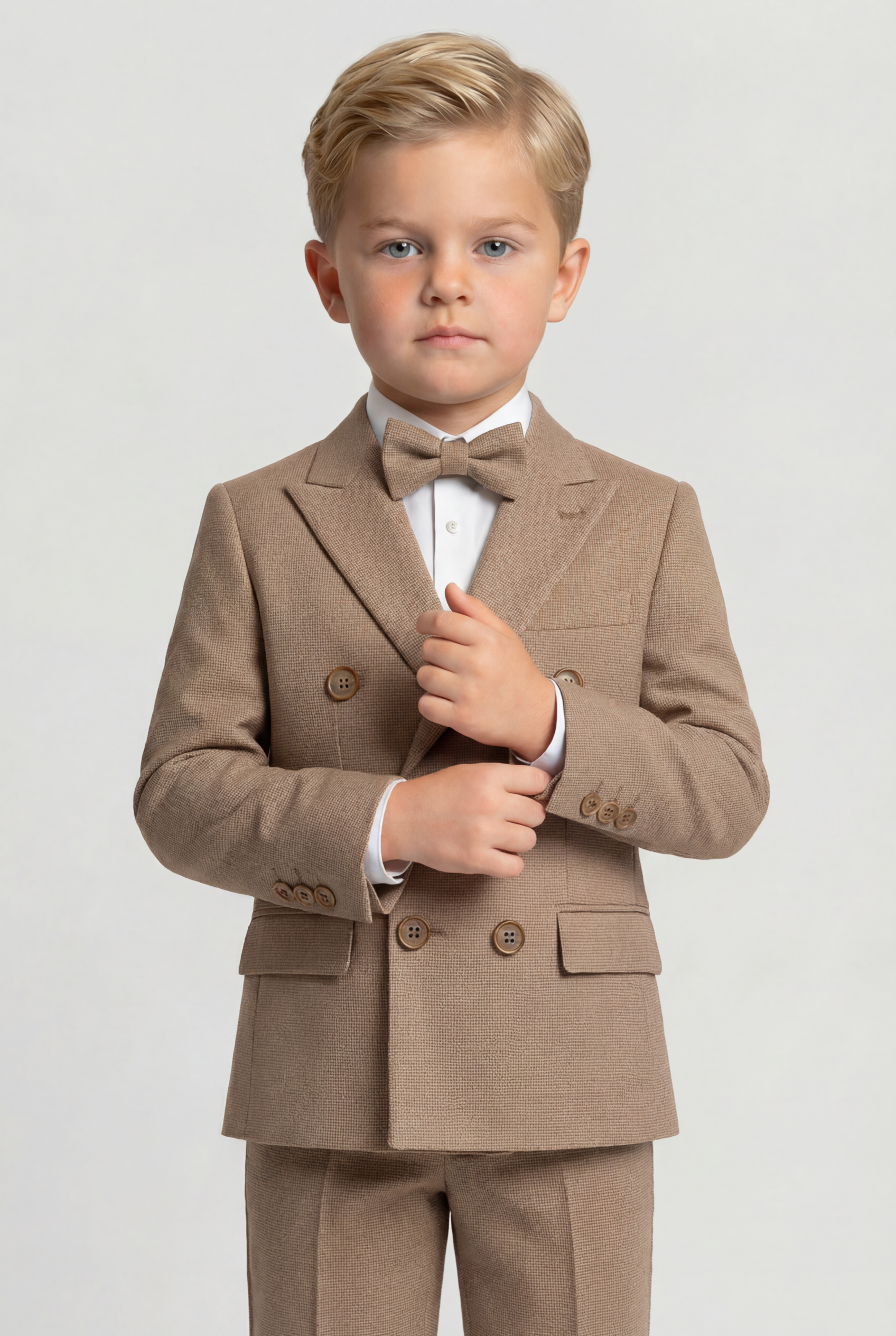 Boys 4-Piece Slim Fit Double Breasted Suit Set - Light Brown