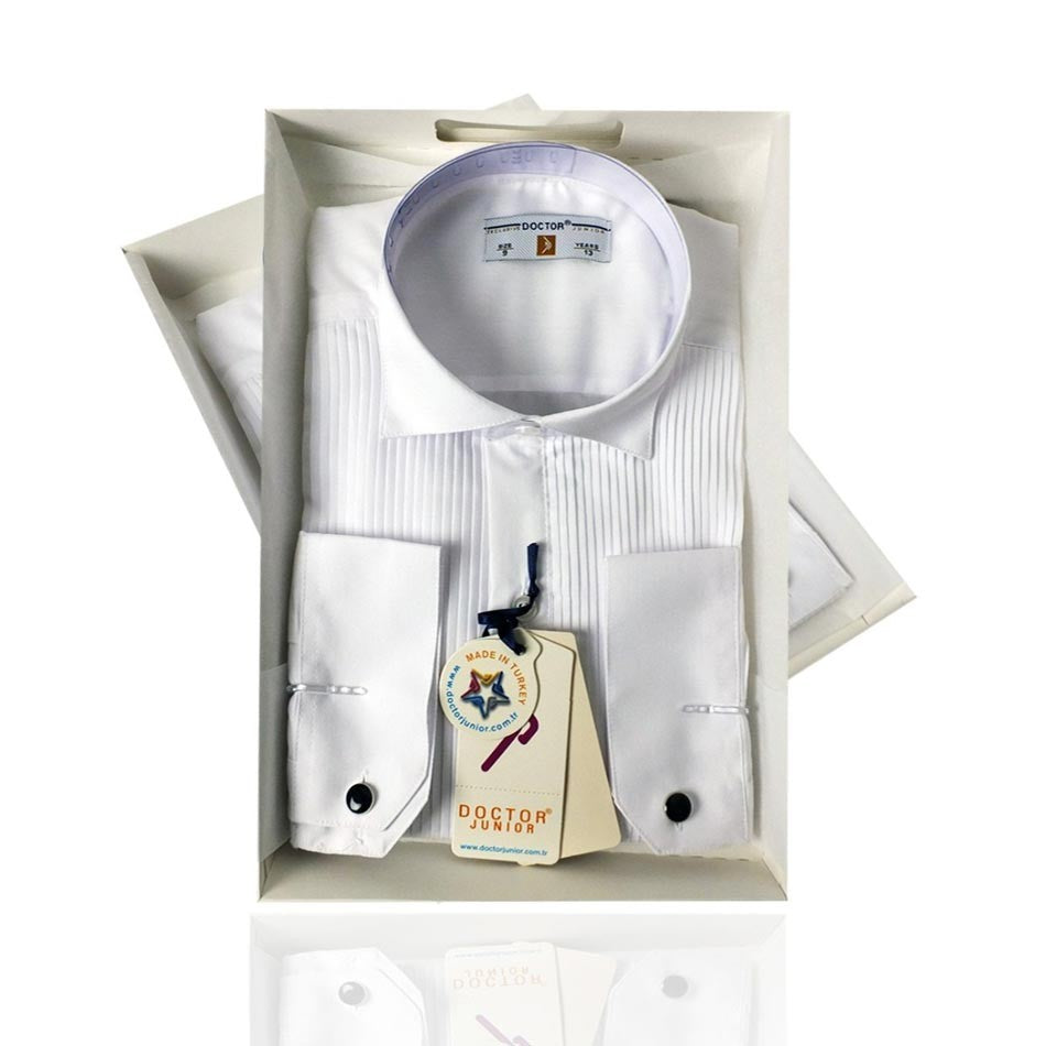 Boys Cotton Wing Collar Pleated Cufflink Shirt - White