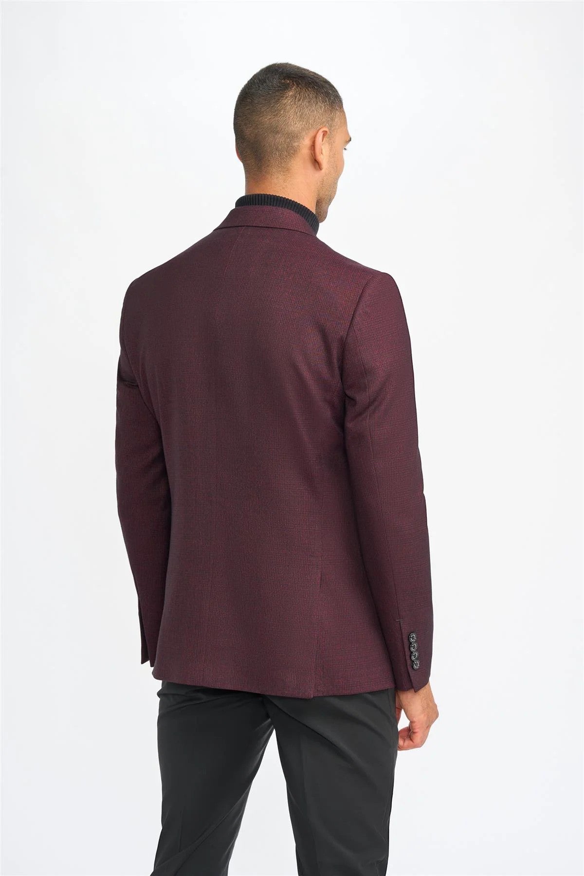 Men's Slim Fit Tweed Check Suit Jacket - CARIDI WINE - Wine
