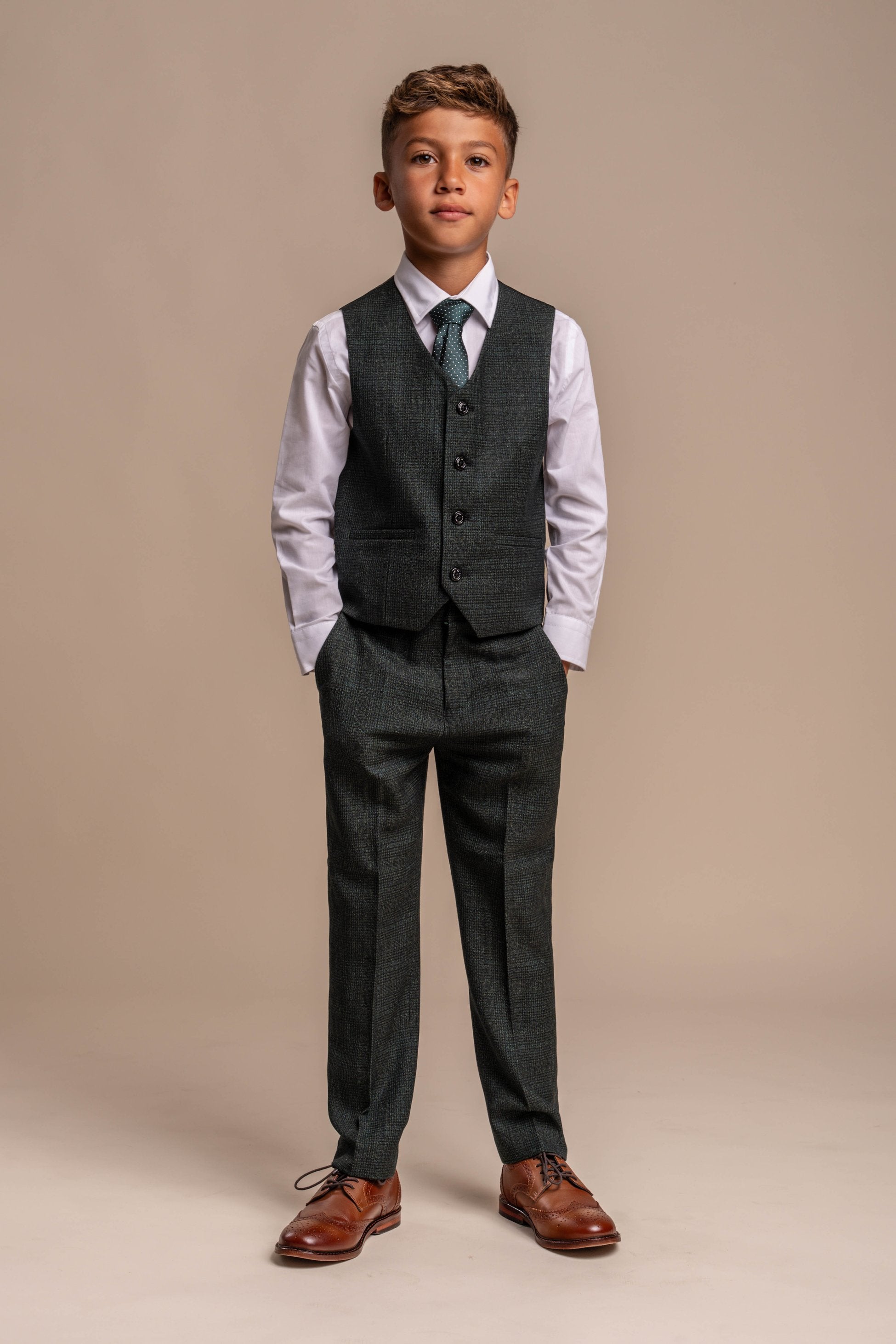 Boys Tweed Houndstooth Check Slim Fit Suit - CARIDI - Olive Green