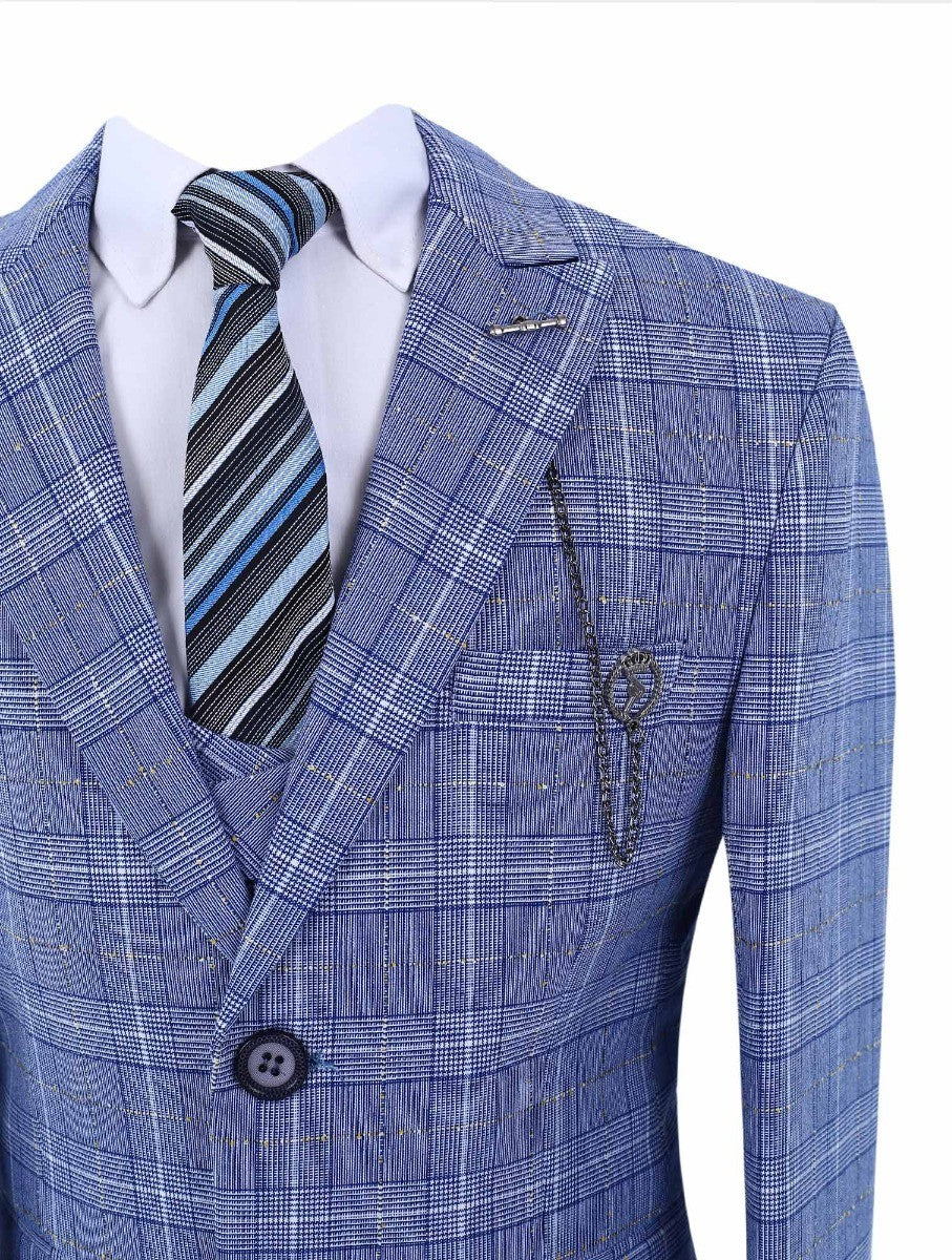 Boys Retro Check Slim Fit Suit - Light Blue