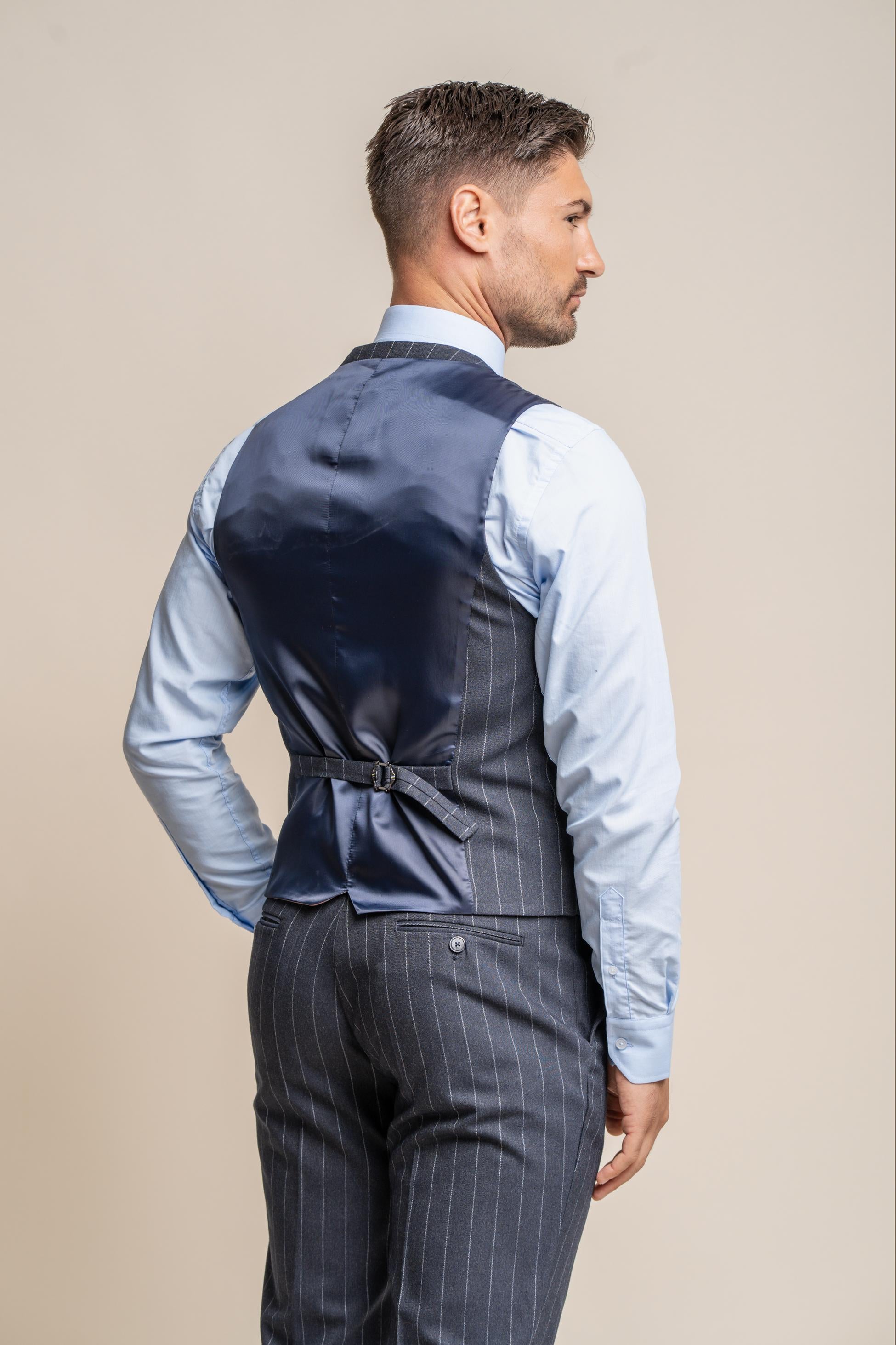 Men's Pinstripe Slim Fit Navy Blue Suit - Invincible - Navy Blue
