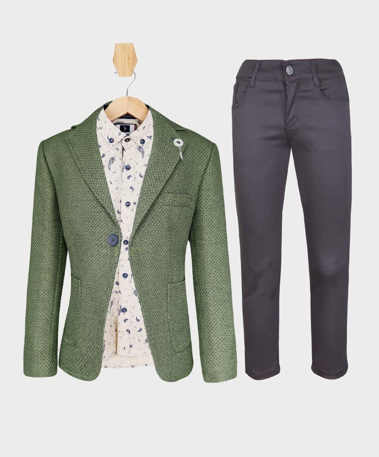 Boys Slim Fit Combined Suit Set - Green - Grey