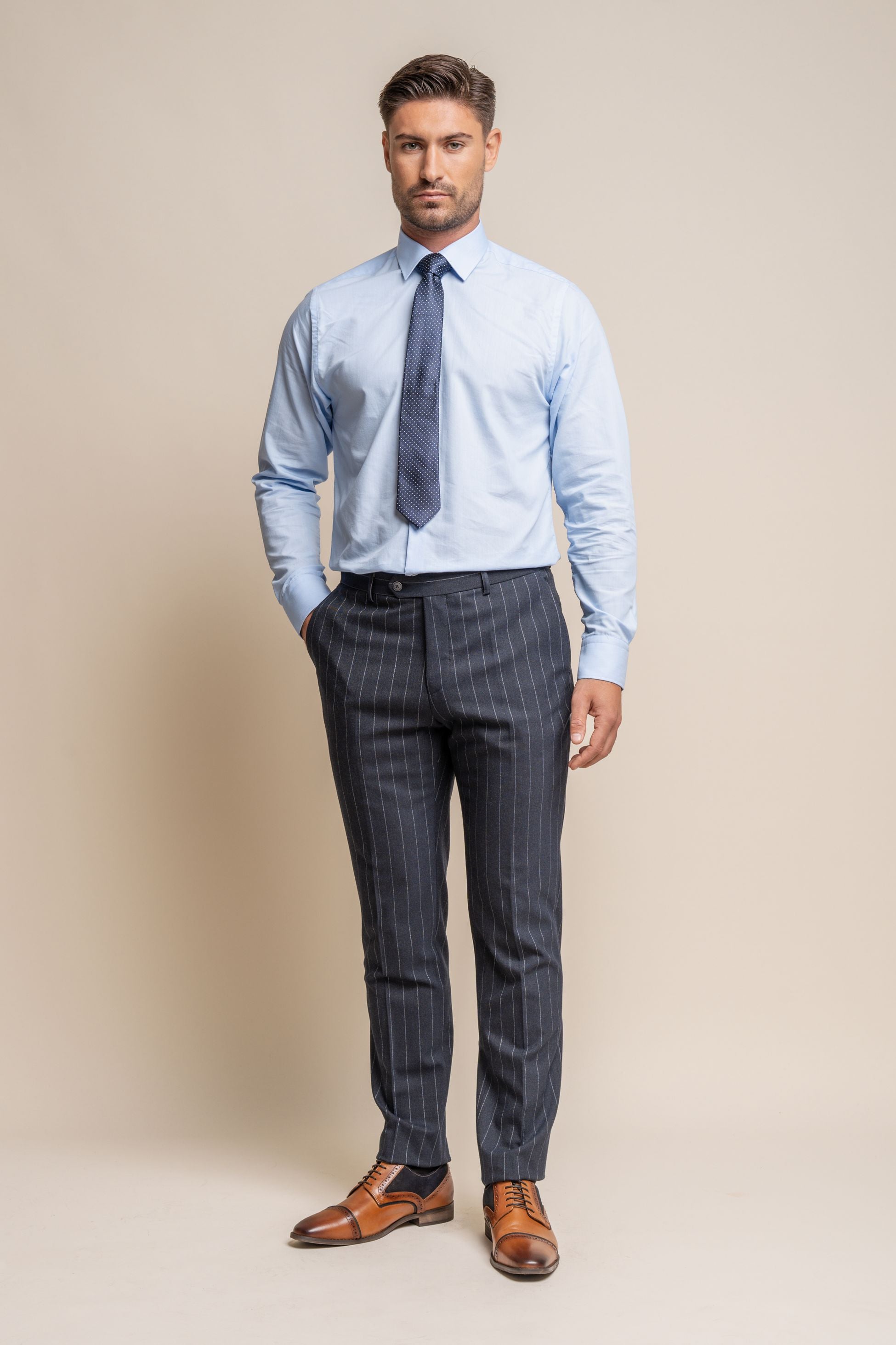 Men's Pinstripe Slim Fit Navy Blue Suit - Invincible - Navy Blue