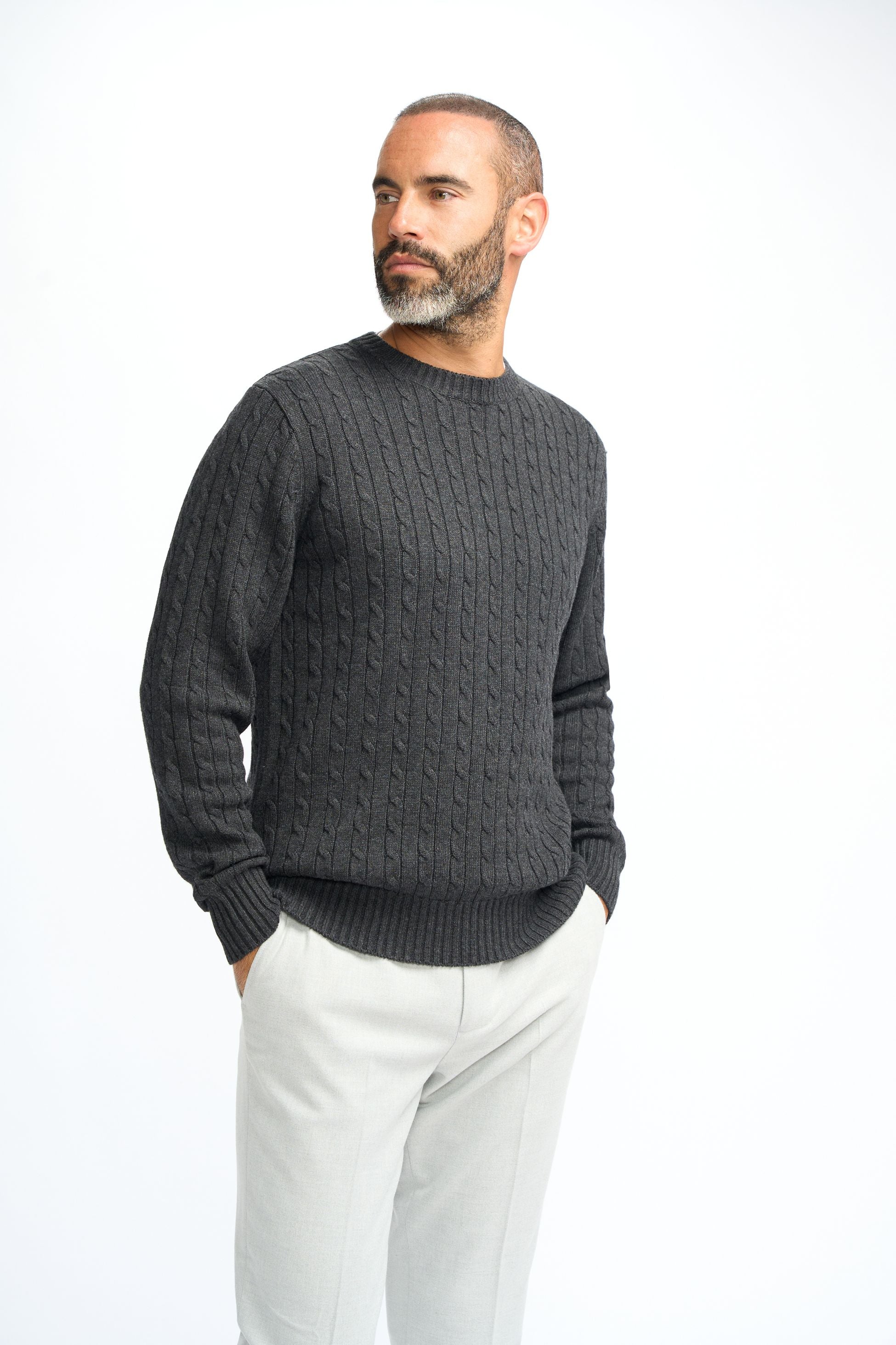 Men’s Wool Cable Knit Pullover Jumper - Foston - Charcoal Grey