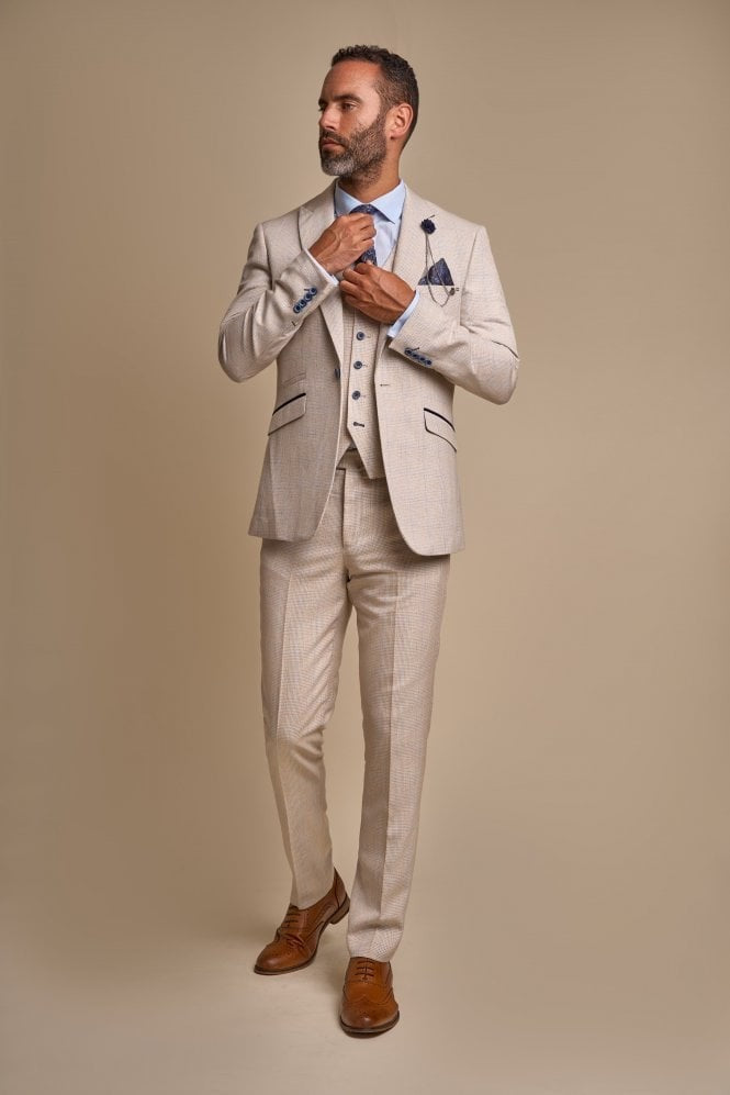 Men's Slim Fit Houndstooth Tweed Check Suit 3-Piece - CARIDI - Beige