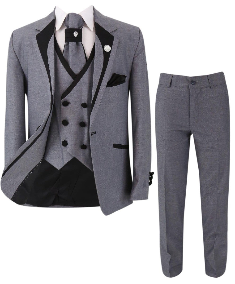 Boys Slim Fit Piping Grey Tuxedo Suit - Grey