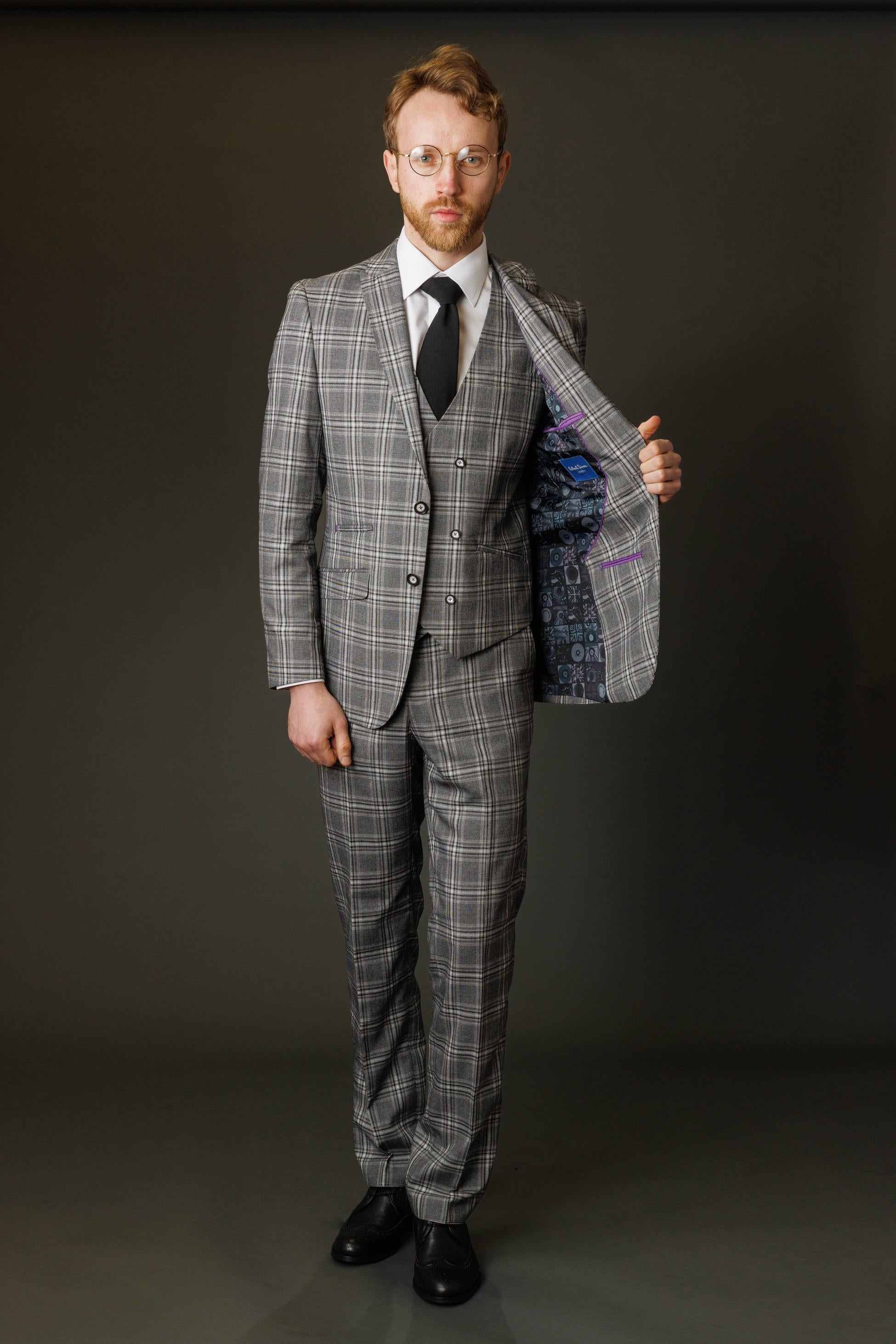 Men's Windowpane Check Slim Fit Suit - BLAKE - Grey